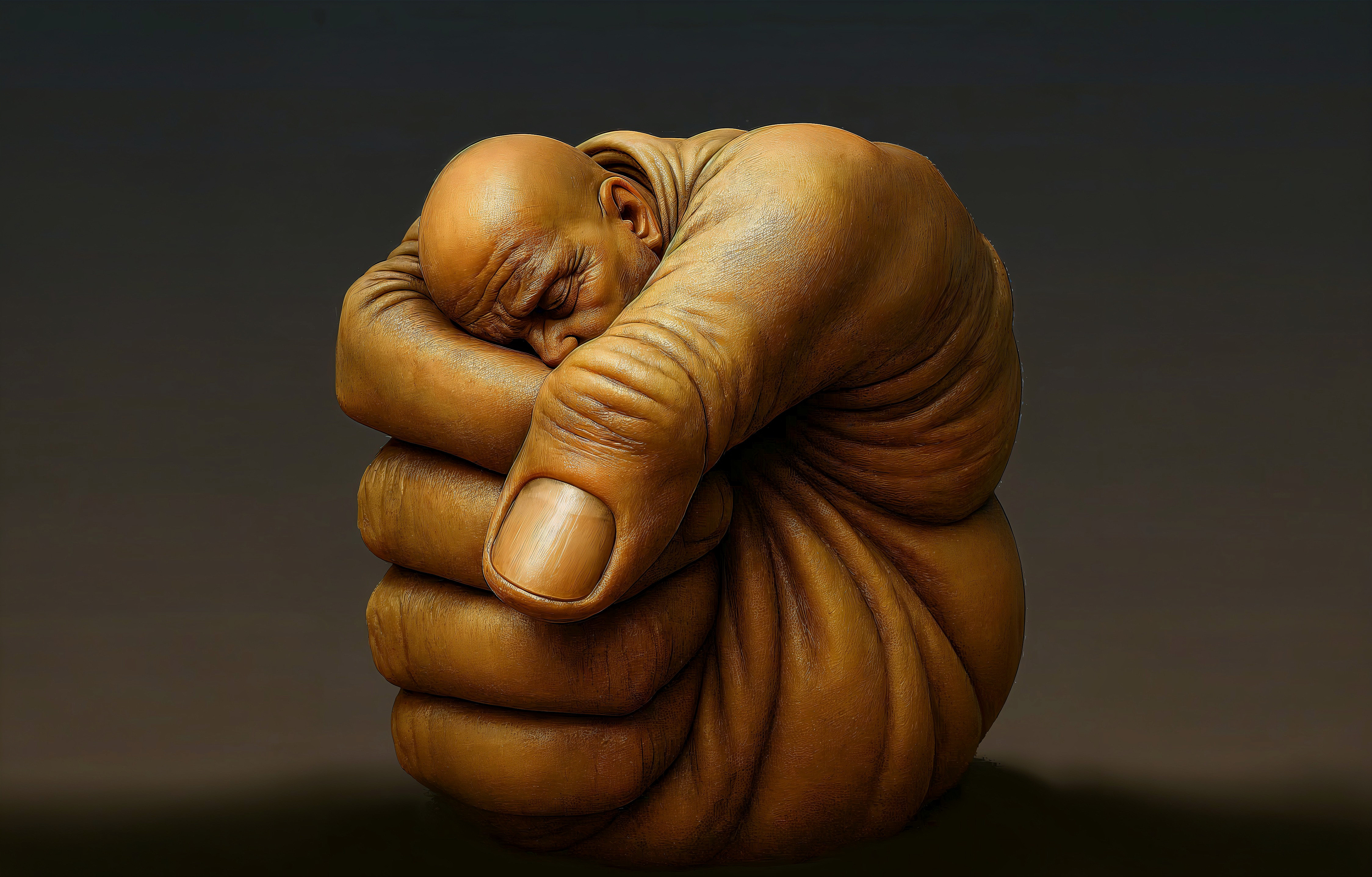 Giant Hand Sculpture Holding a Sleeping Figure