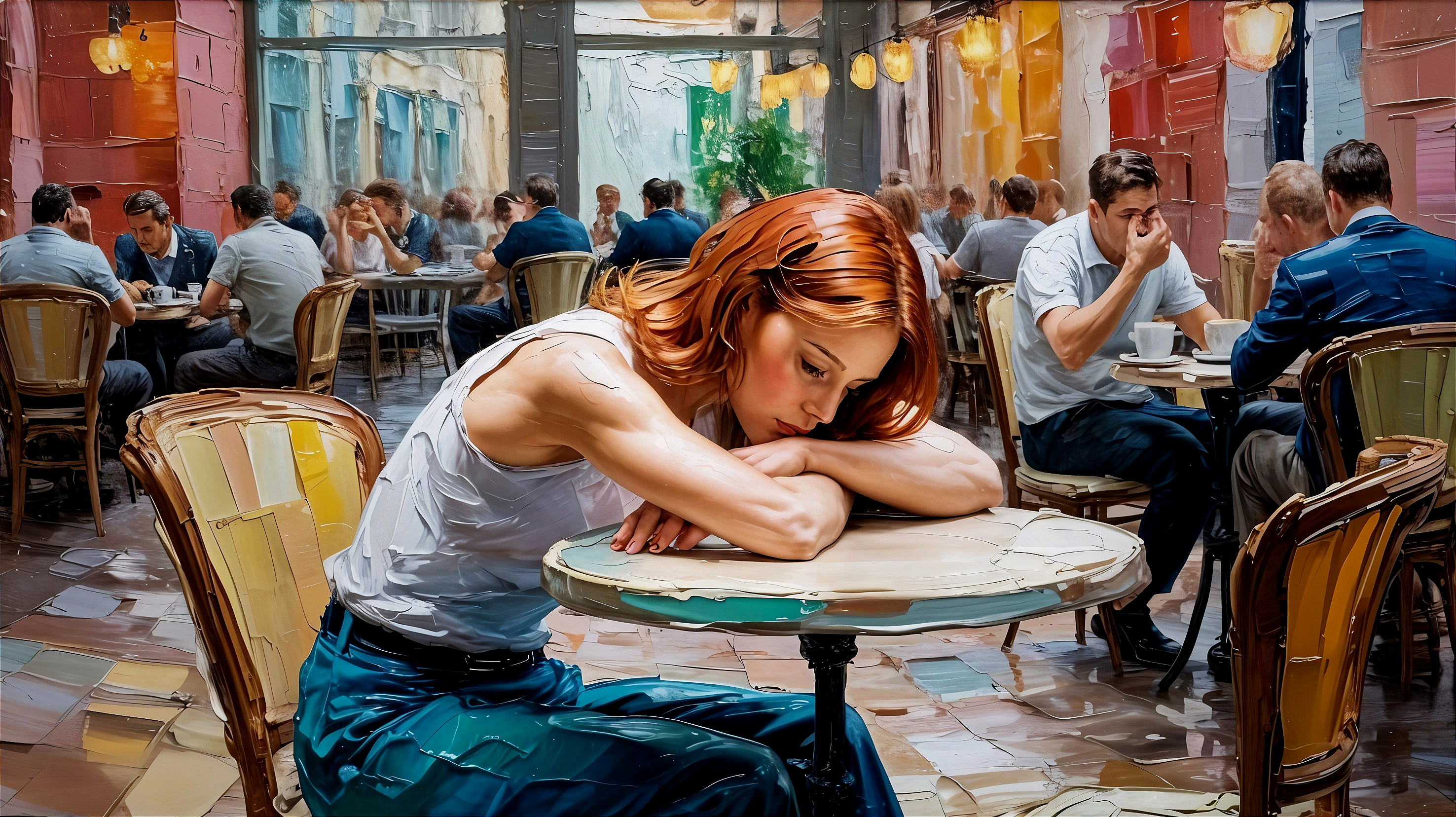 Woman with Red Hair in a Busy Café Setting