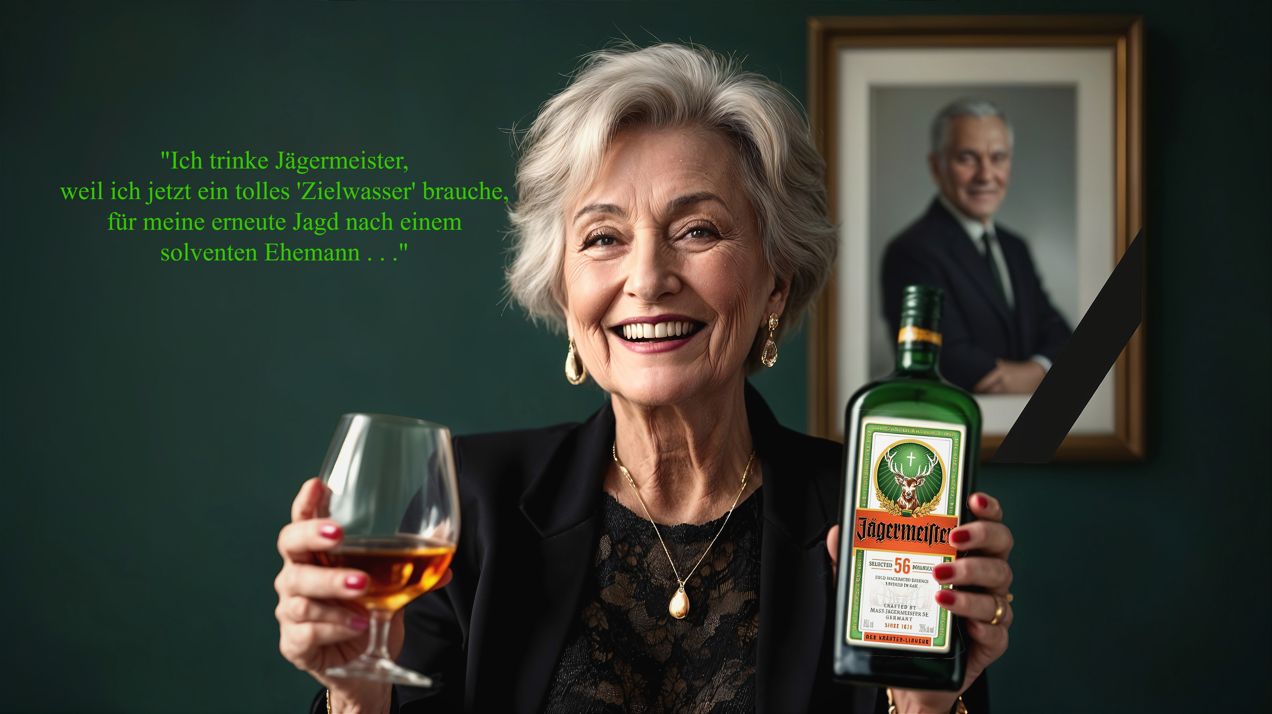 Elderly Woman with Jägermeister in Elegant Setting