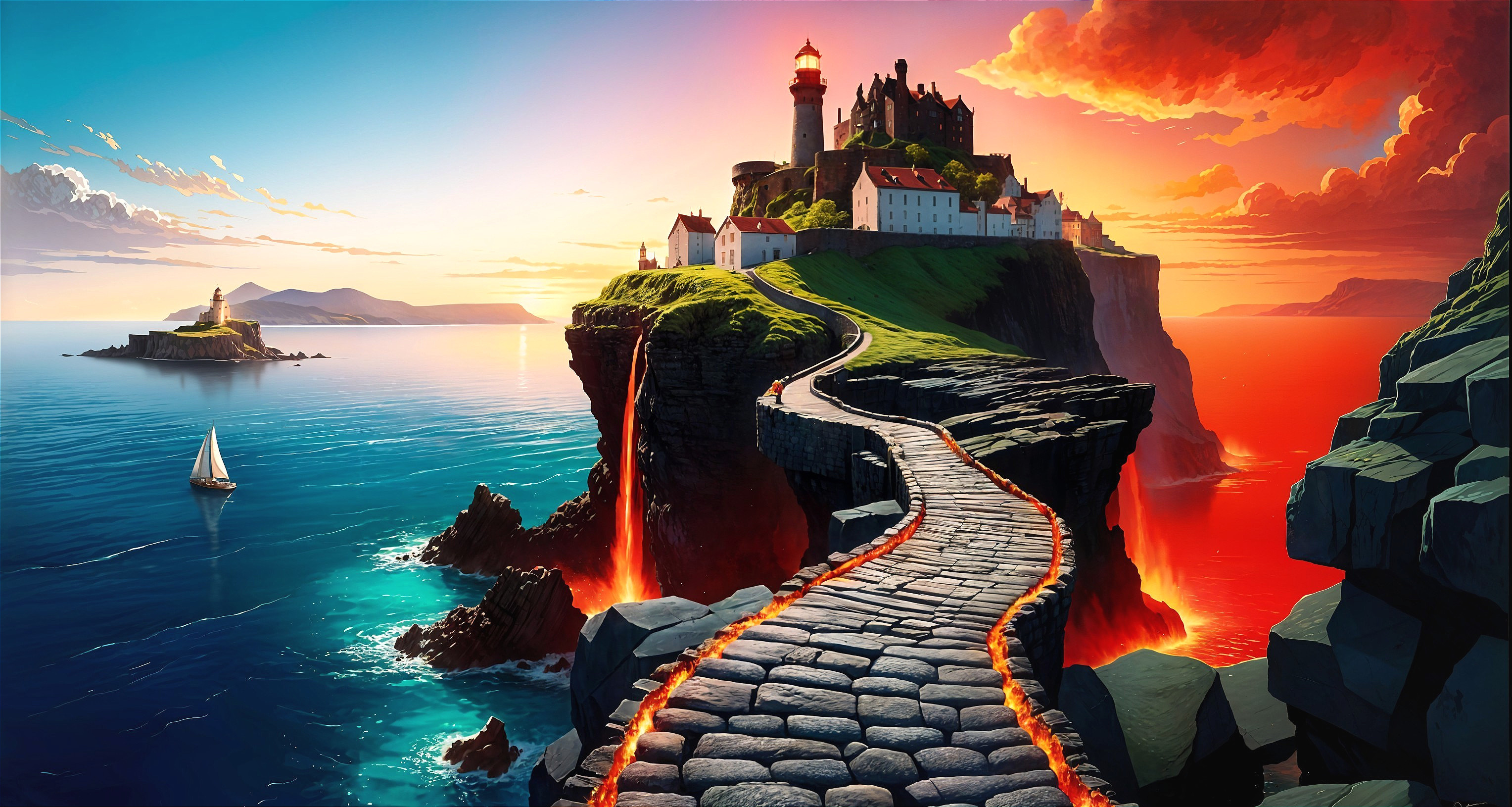 Dramatic Landscape with Castle, Path, and Ocean Waves