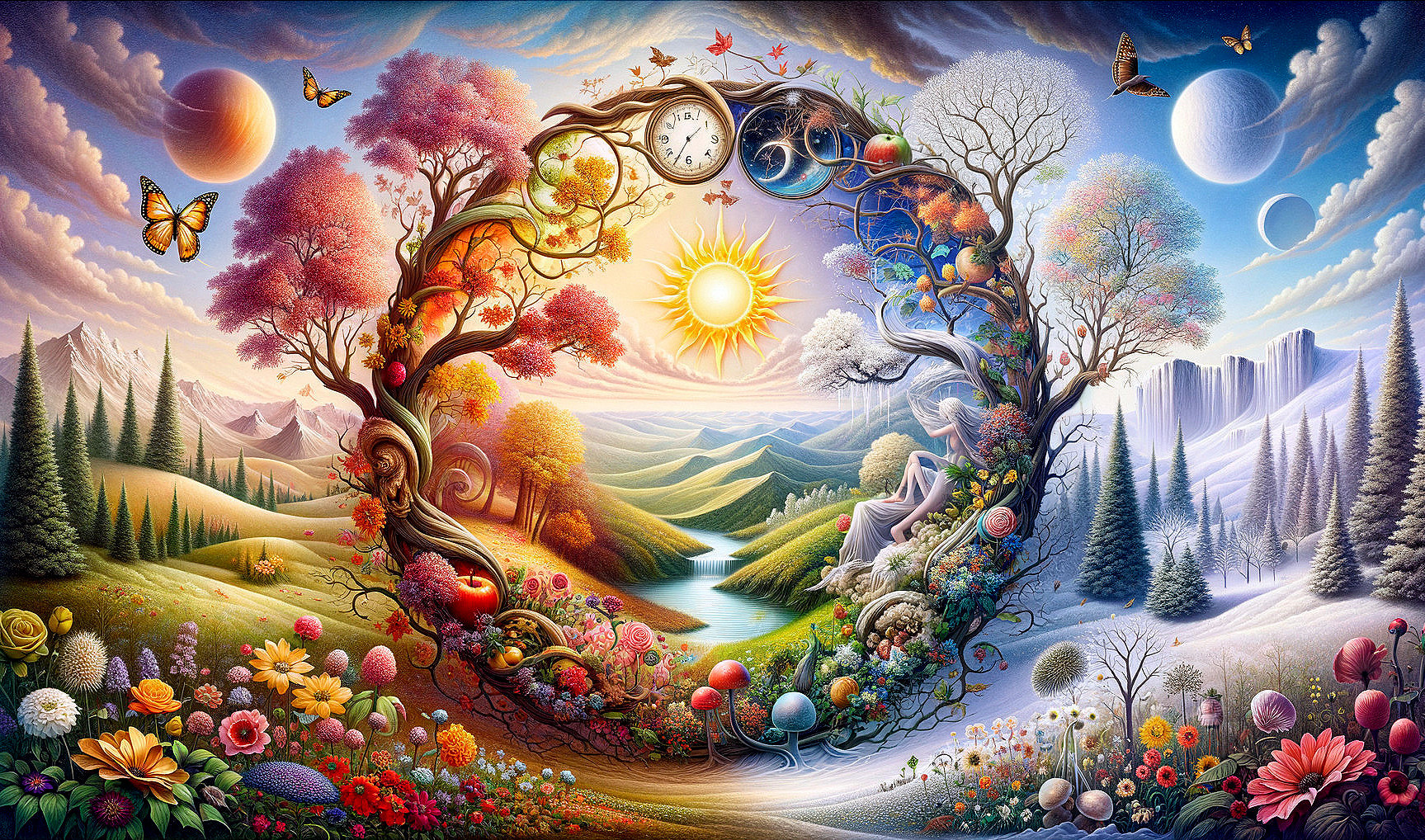 Surreal Landscape with Nature and Celestial Elements