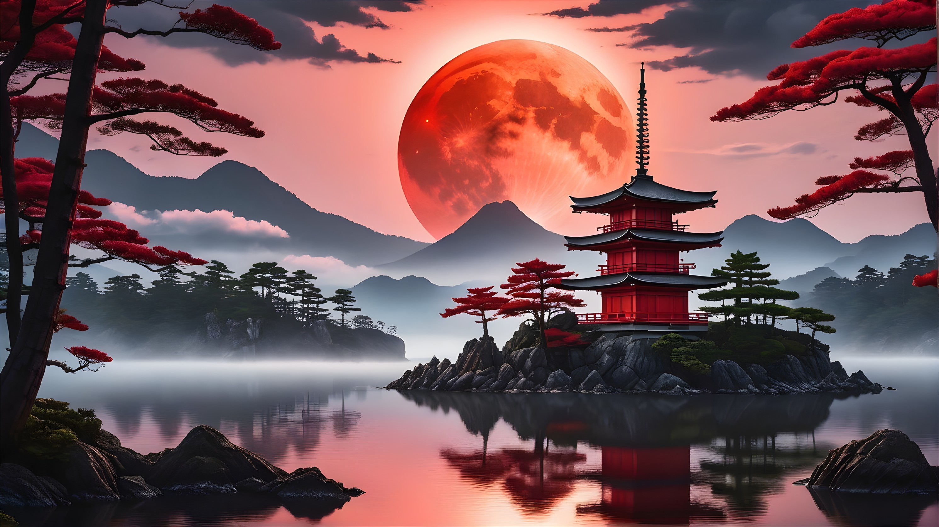 Traditional Red Pagoda on Rocky Island Landscape