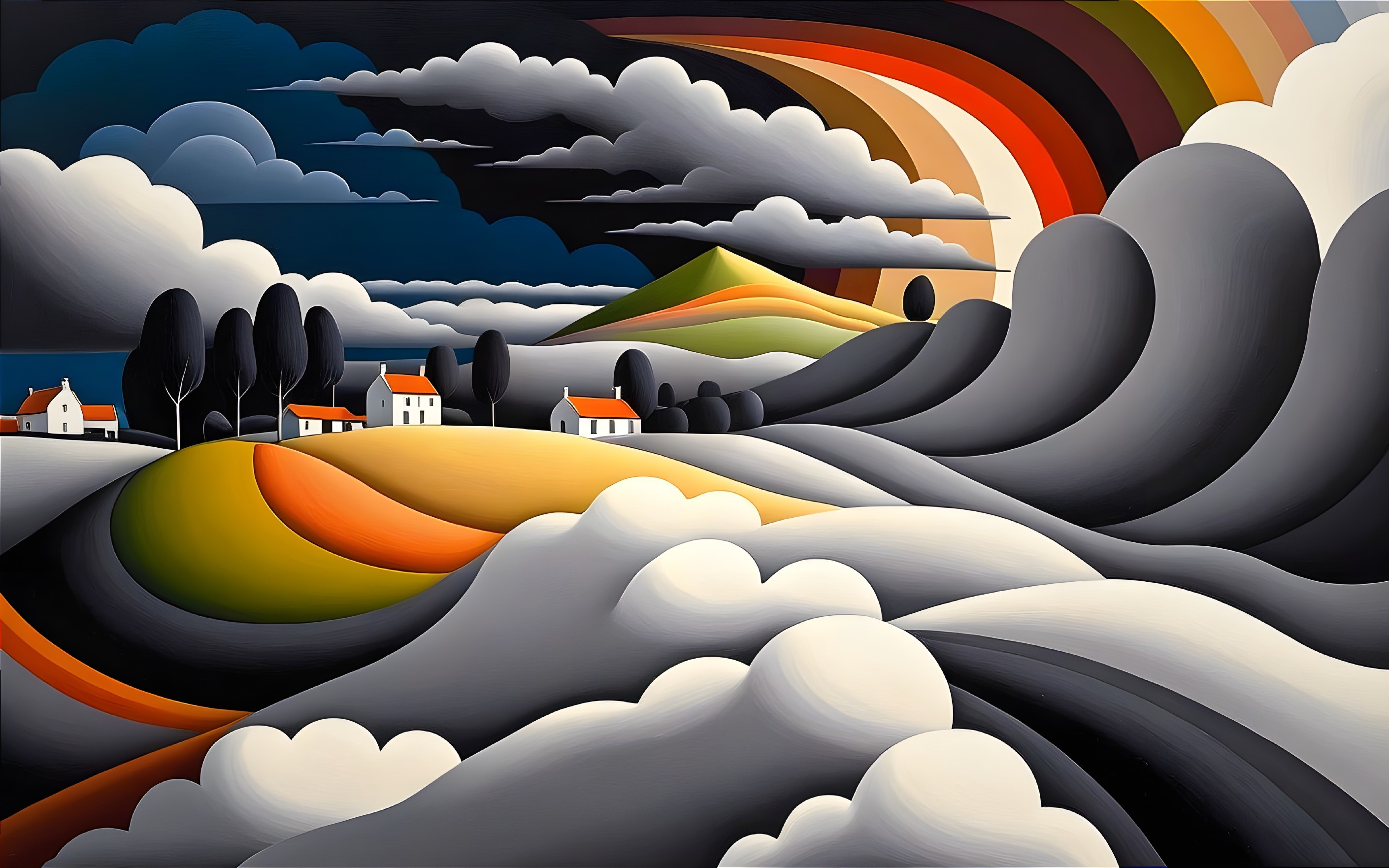 Vibrant Landscape with Bold Colors and Swirling Clouds