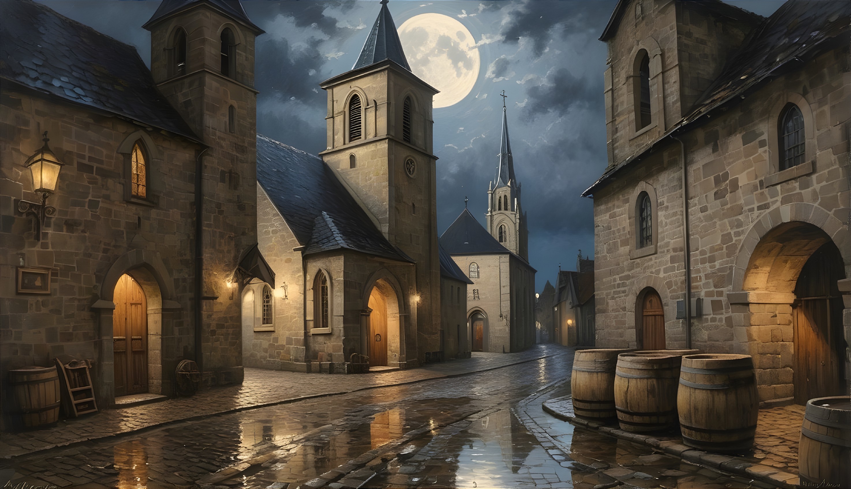 Moonlit Cobblestone Street in a Medieval Town