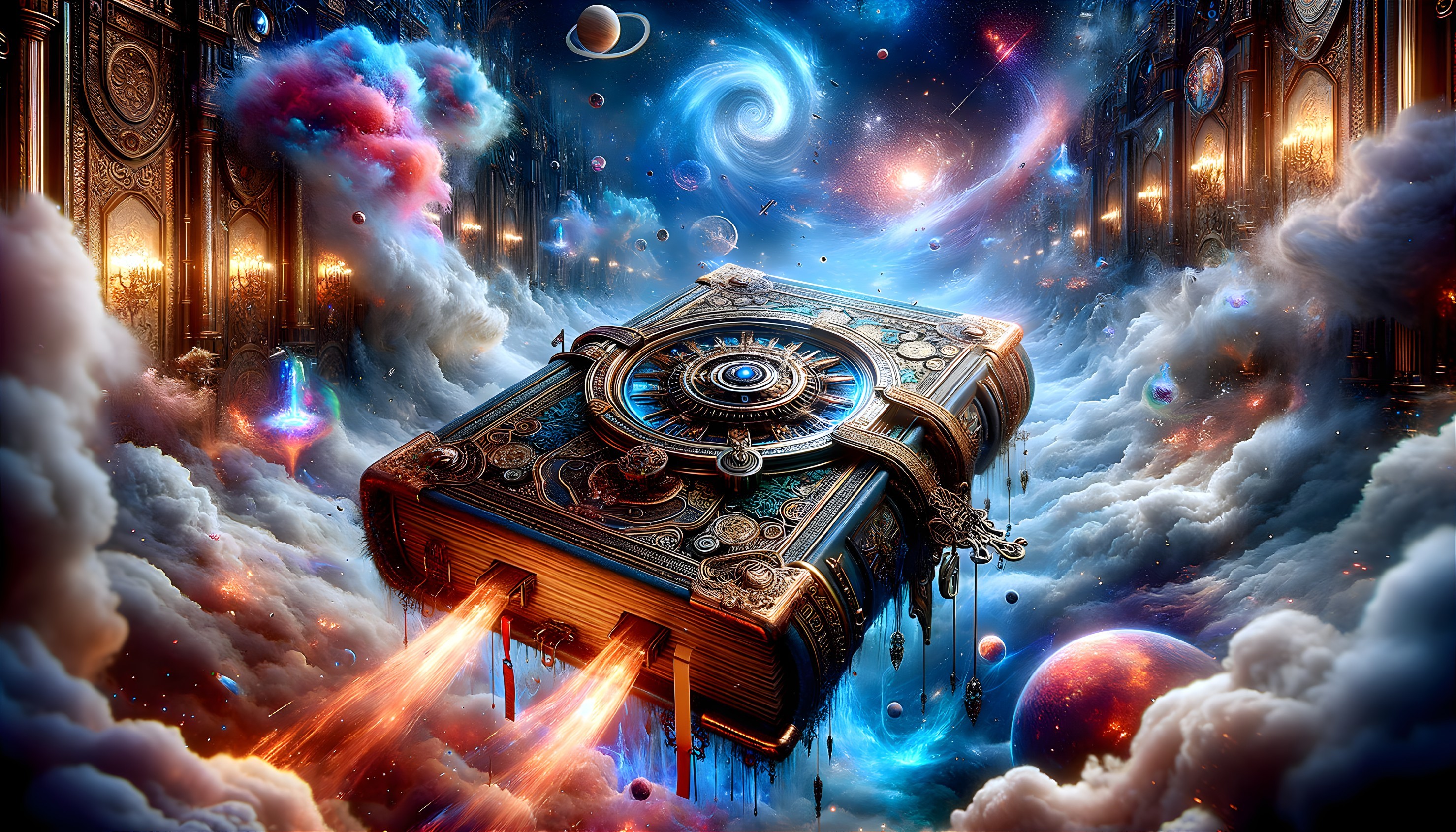 Celestial-themed book with planets and galaxies by majestic golden gates