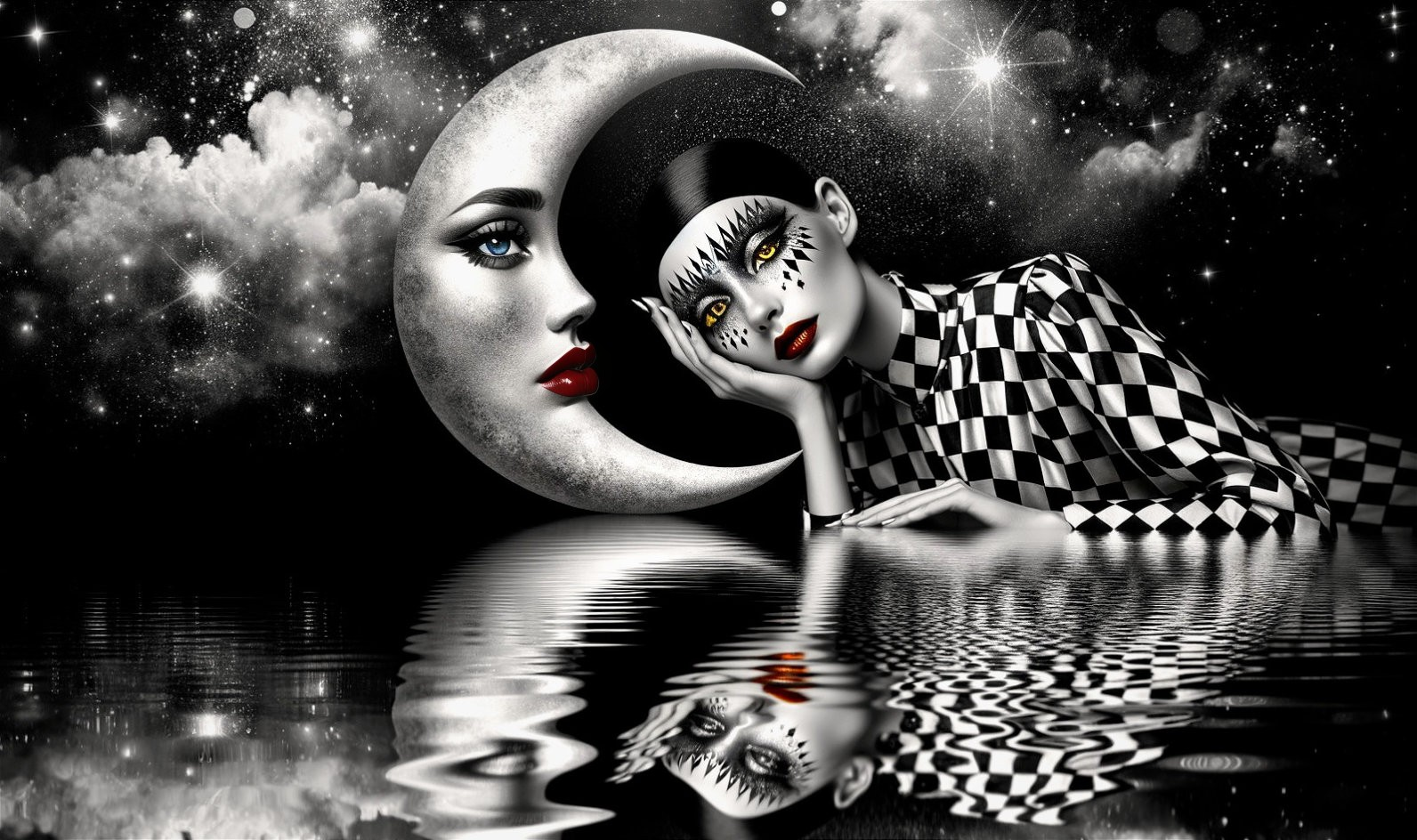 Surreal Monochromatic Scene with Moon and Woman