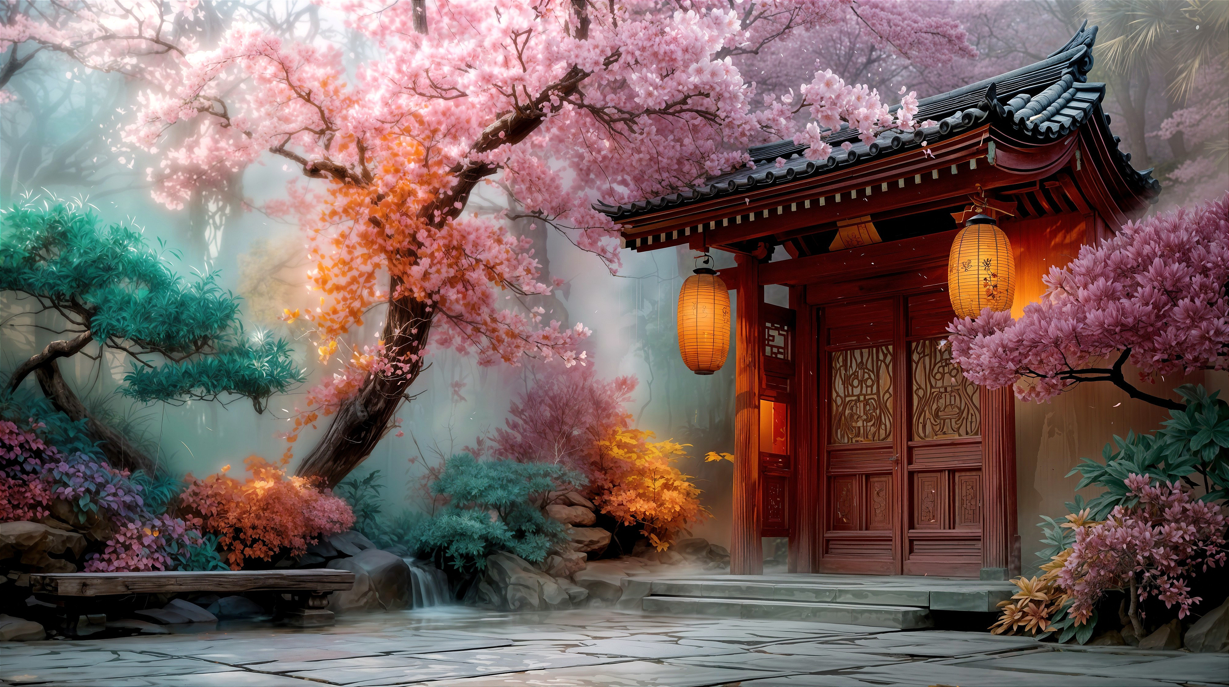 Serene Asian Garden with Cherry Trees and Lanterns