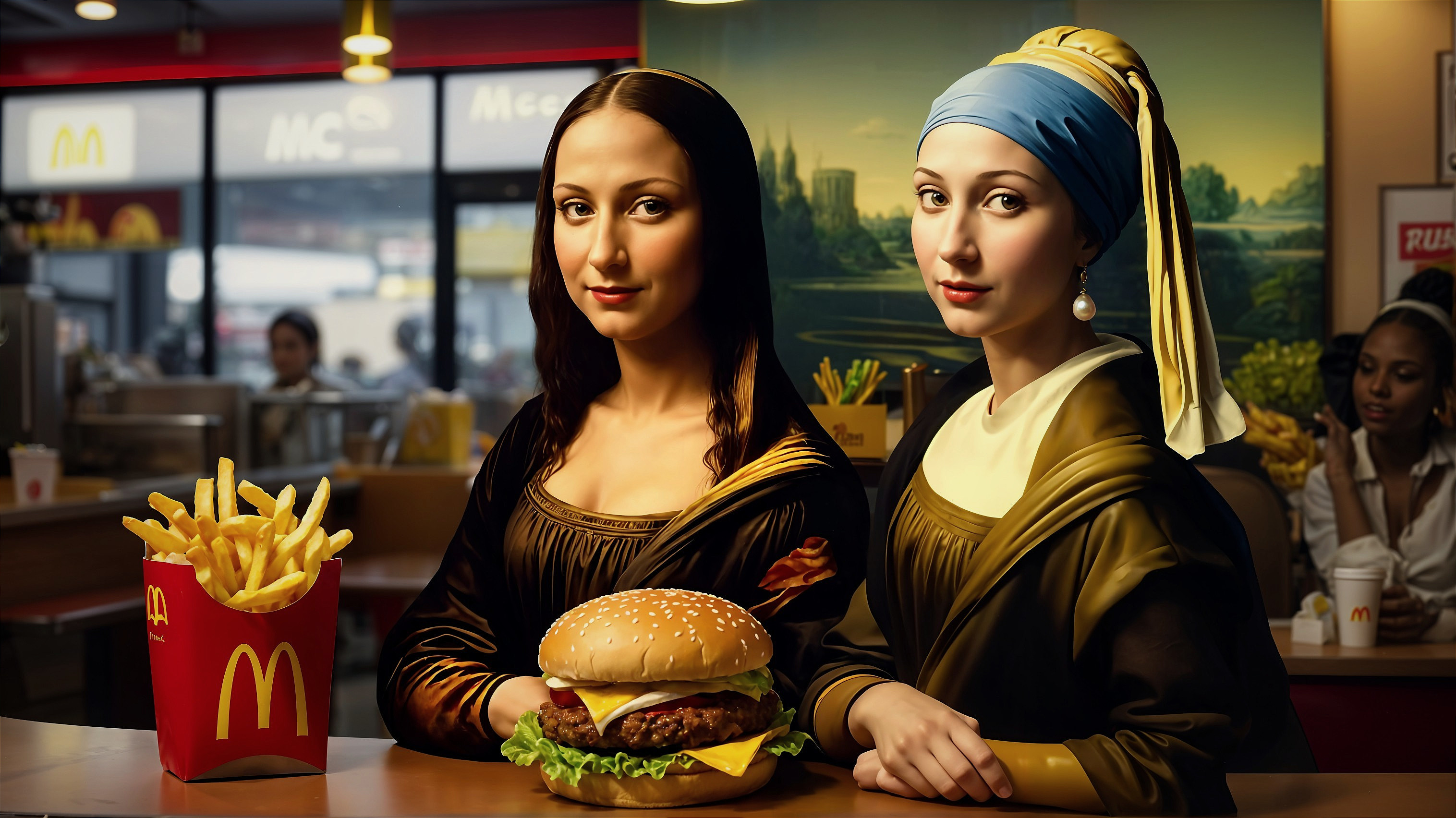 Women in Renaissance Attire with Fast Food Elements