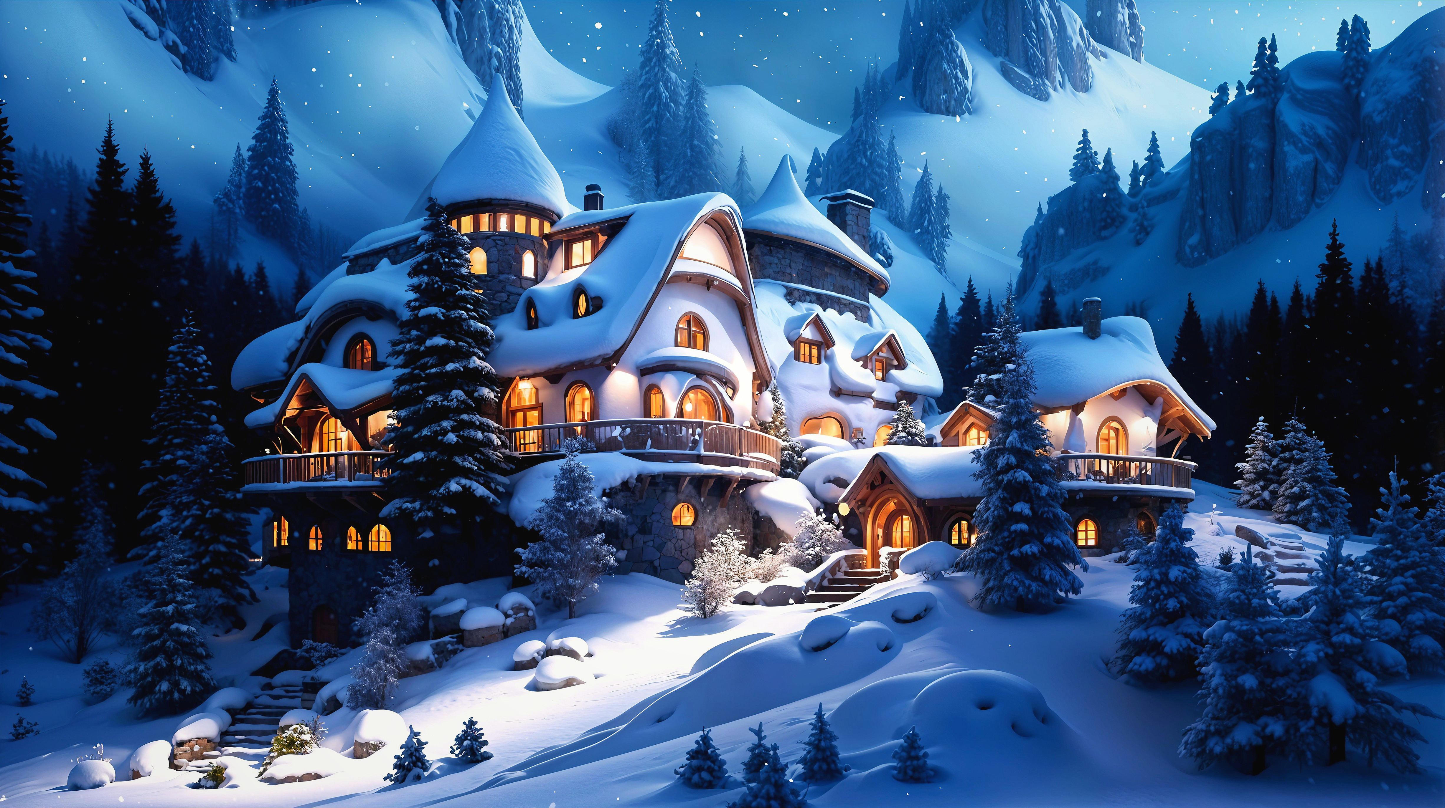Fantastical winter village in a snow-covered valley