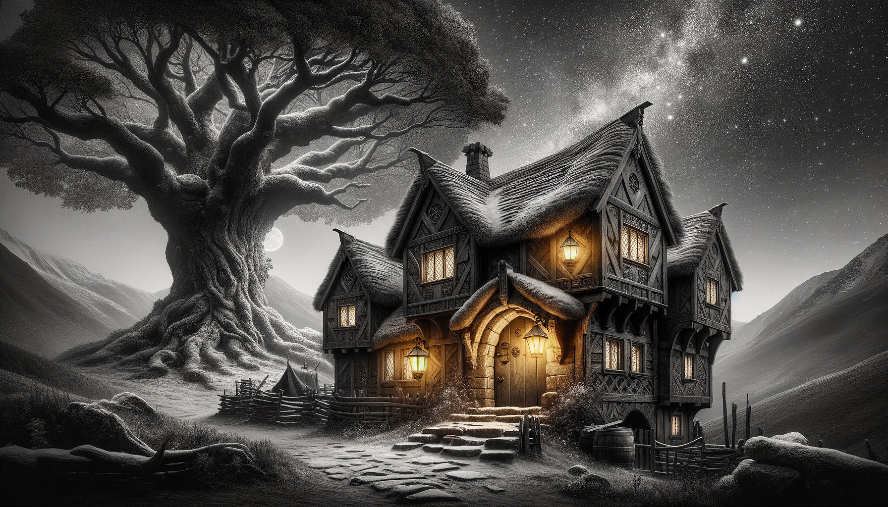 Monochrome fantasy landscape with starry sky and charming thatched-roof cottage nestled beside gnarled