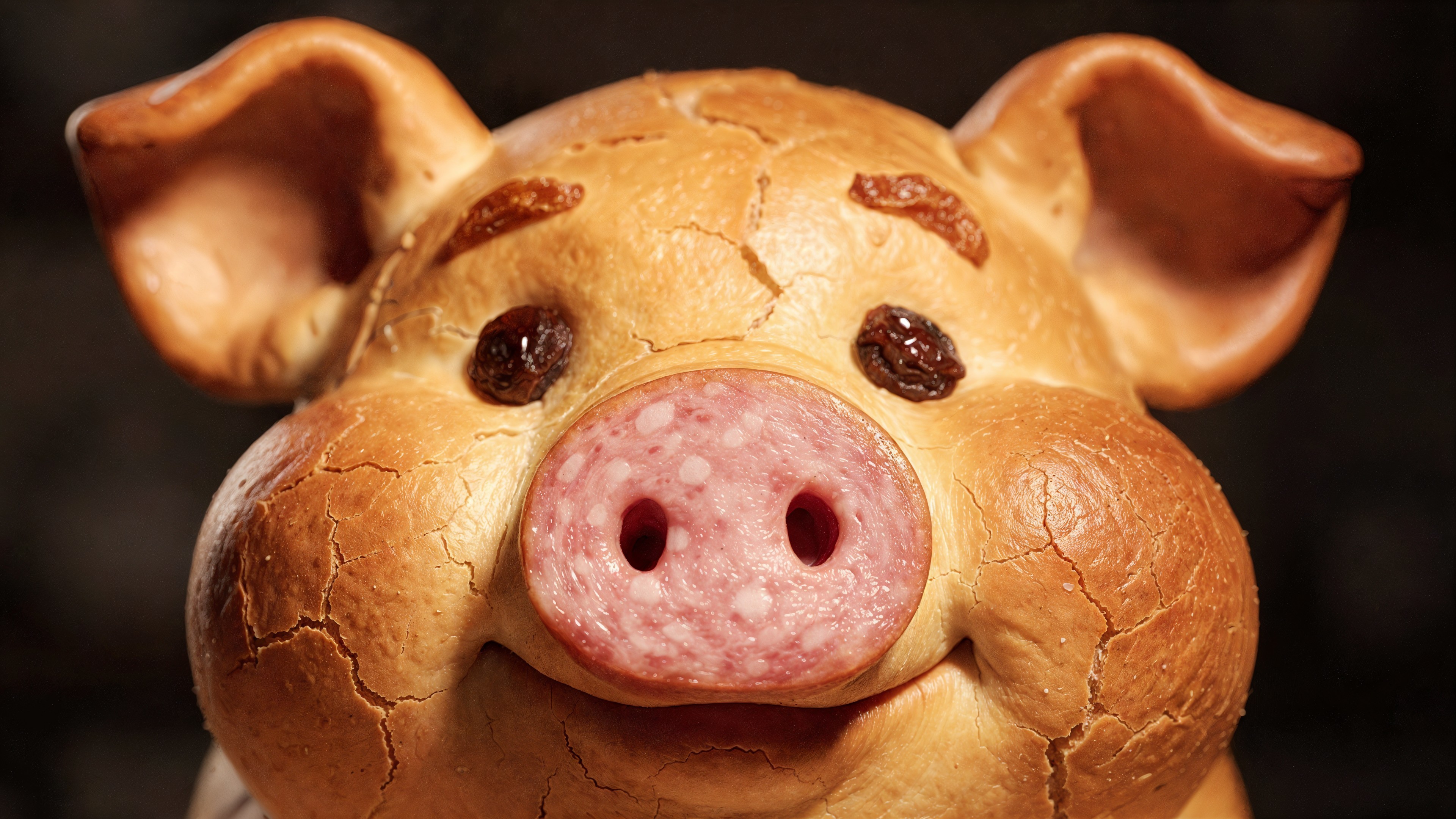 Close-up of a pig-shaped bread sculpture with details