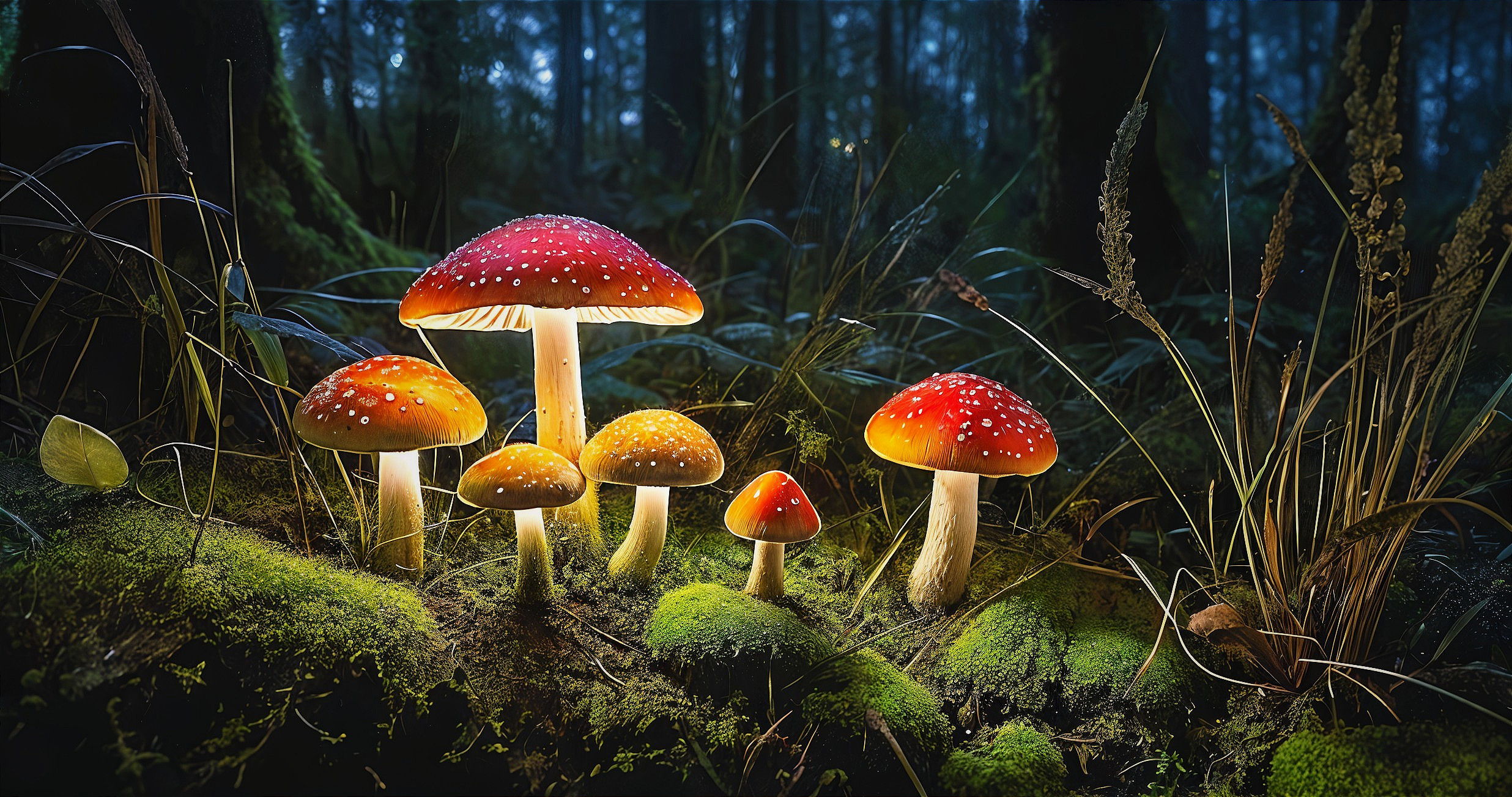 Vibrant Red and Orange Mushrooms in Forest Moss