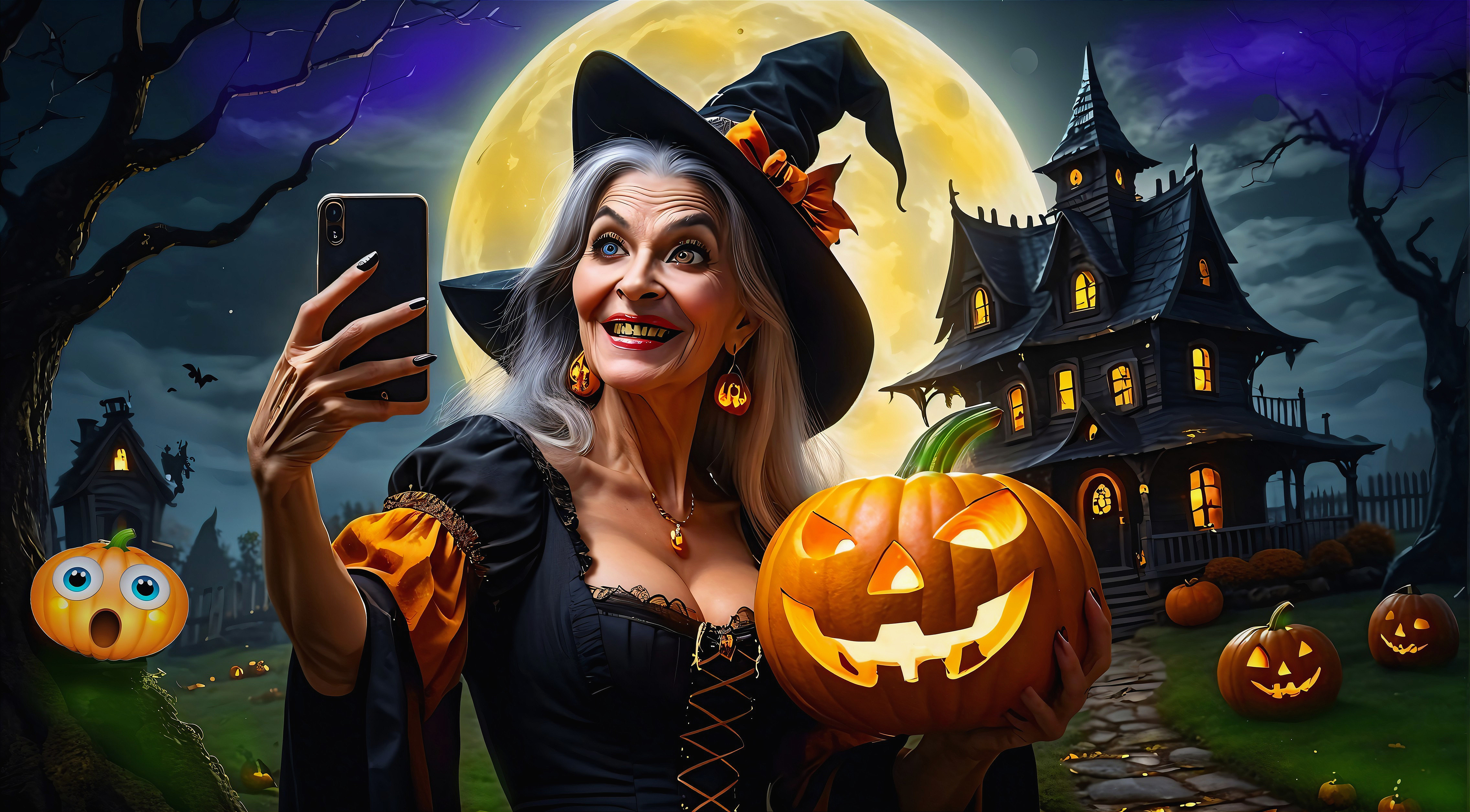 Witch with Pumpkin Selfie in Spooky Halloween Setting