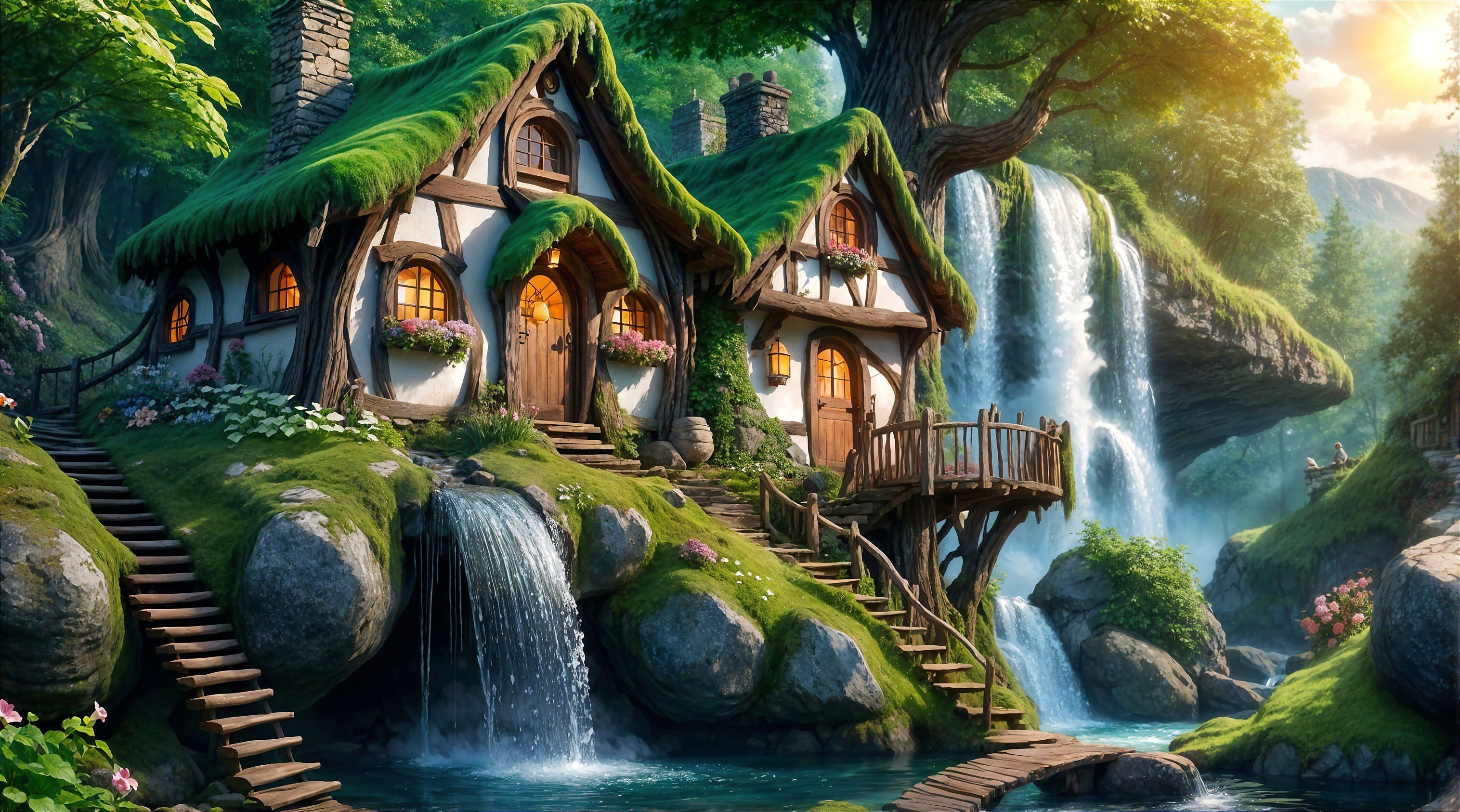 Charming Cottage Surrounded by Lush Greenery and Waterfalls
