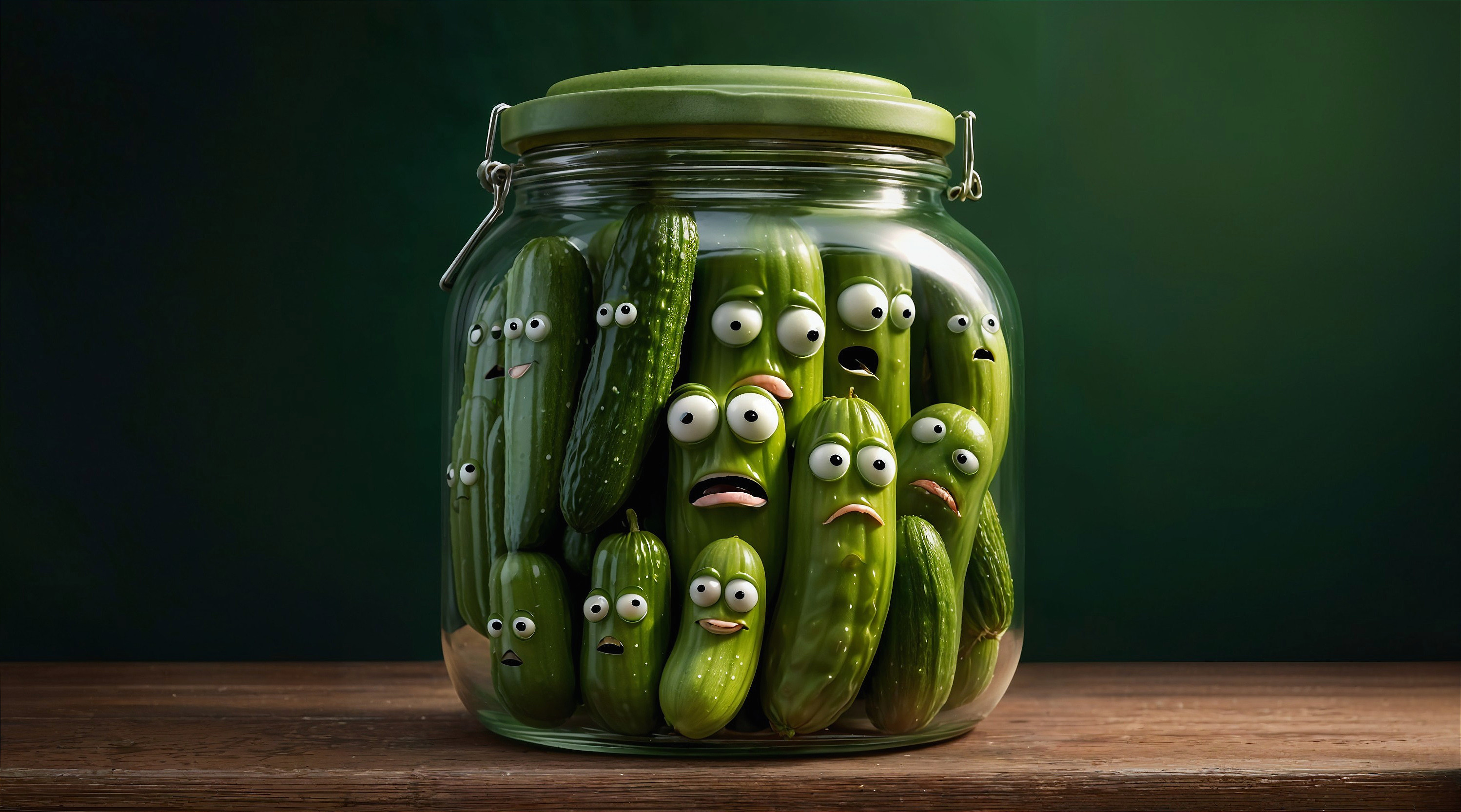 Cartoonish Cucumbers in a Jar with Emotive Faces