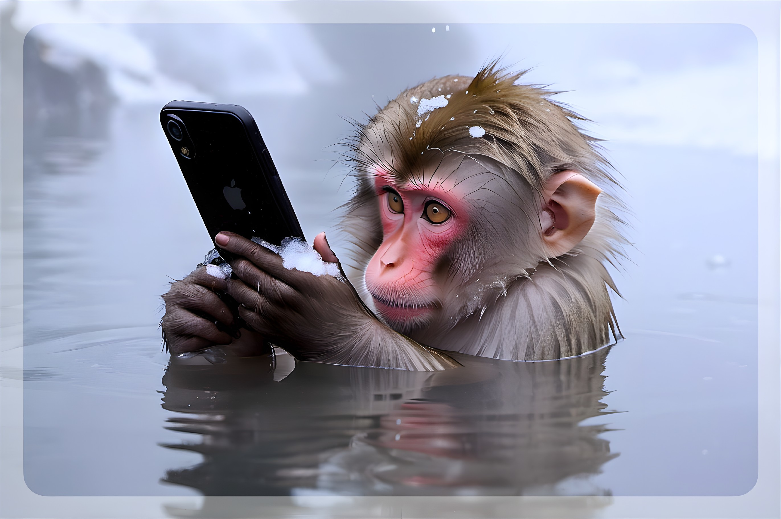 Macaque in hot spring with smartphone and snowflakes