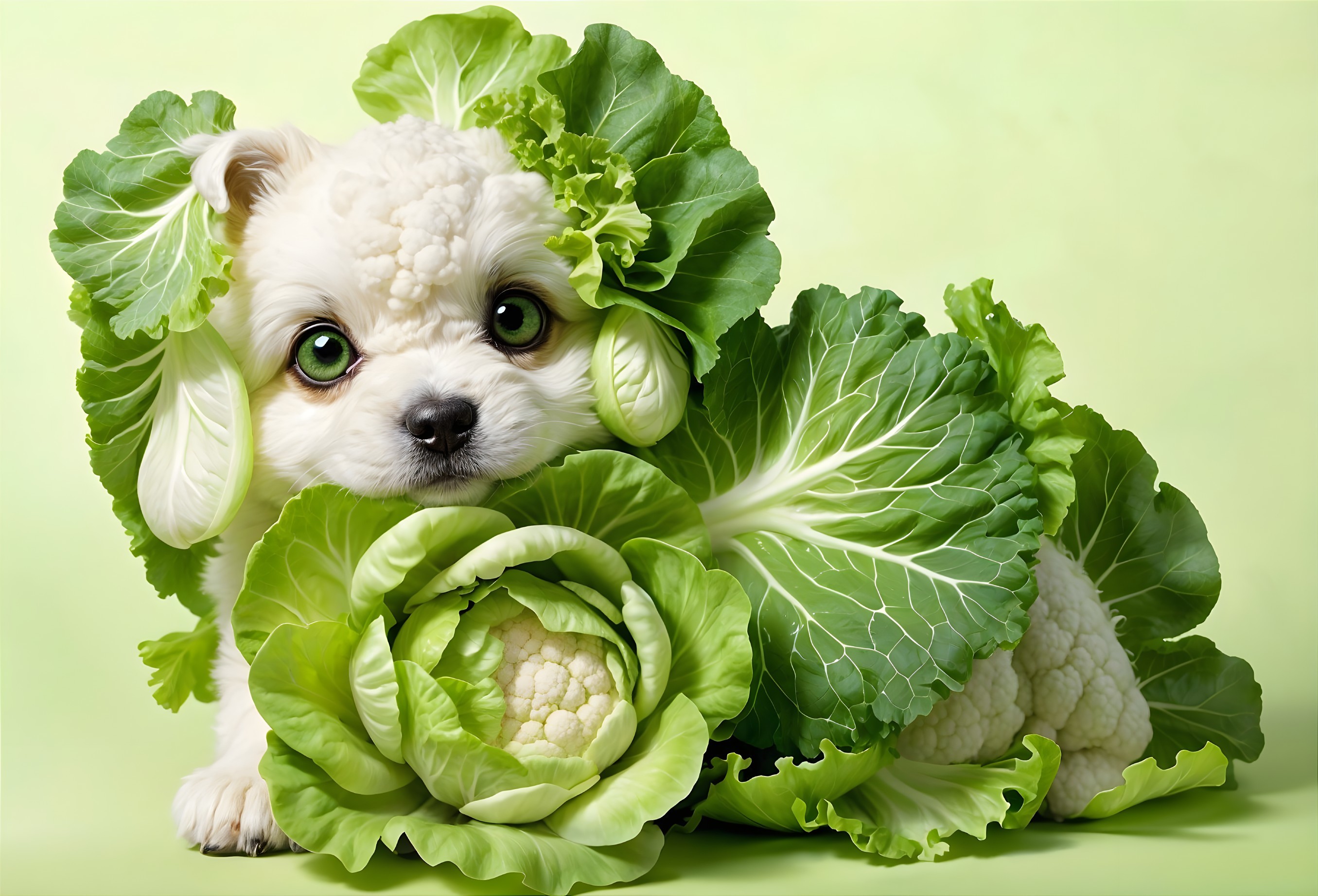 Fluffy White Puppy Among Fresh Green Vegetables