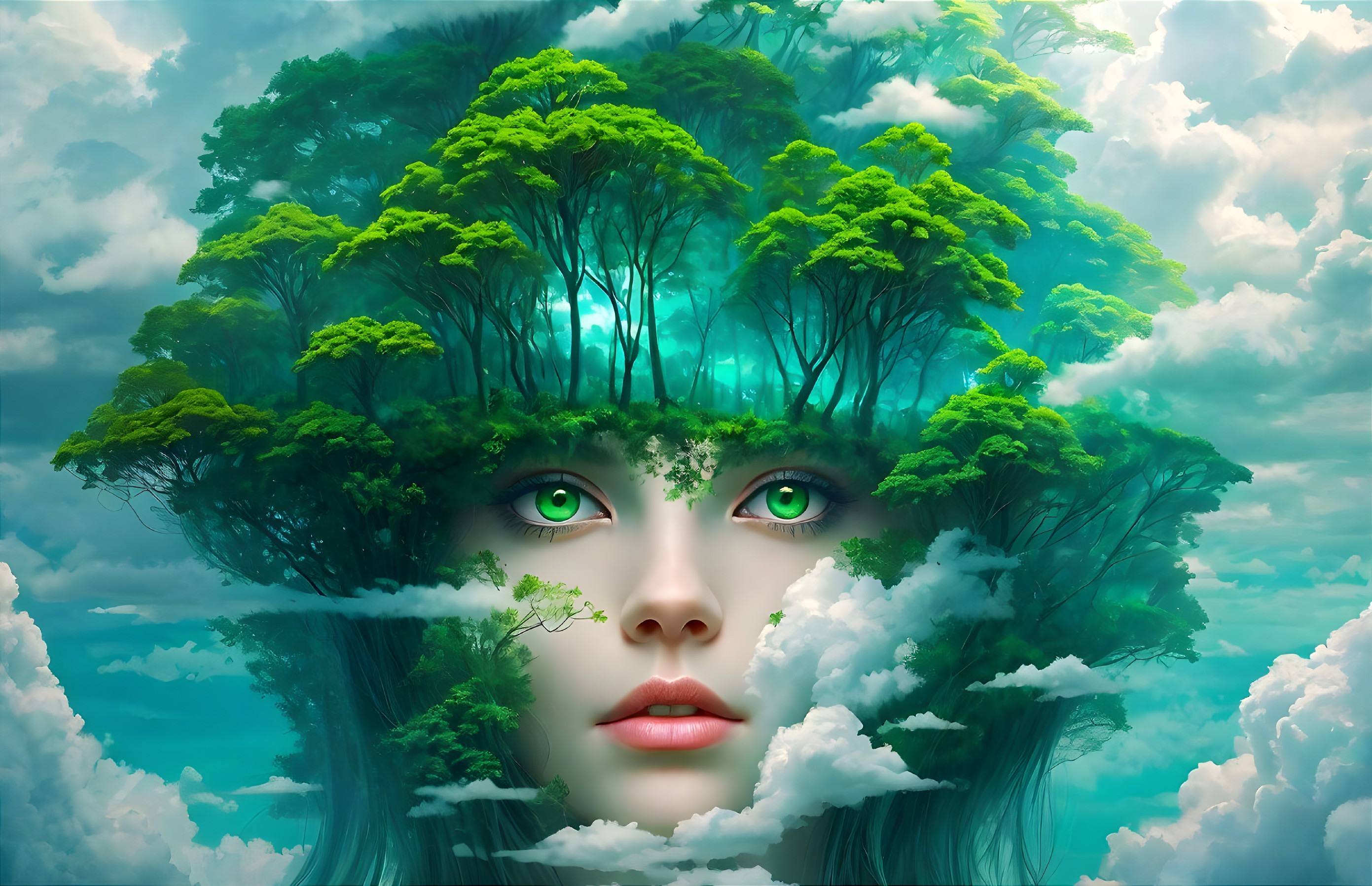 Surreal Woman's Face with Forest Hair and Clouds