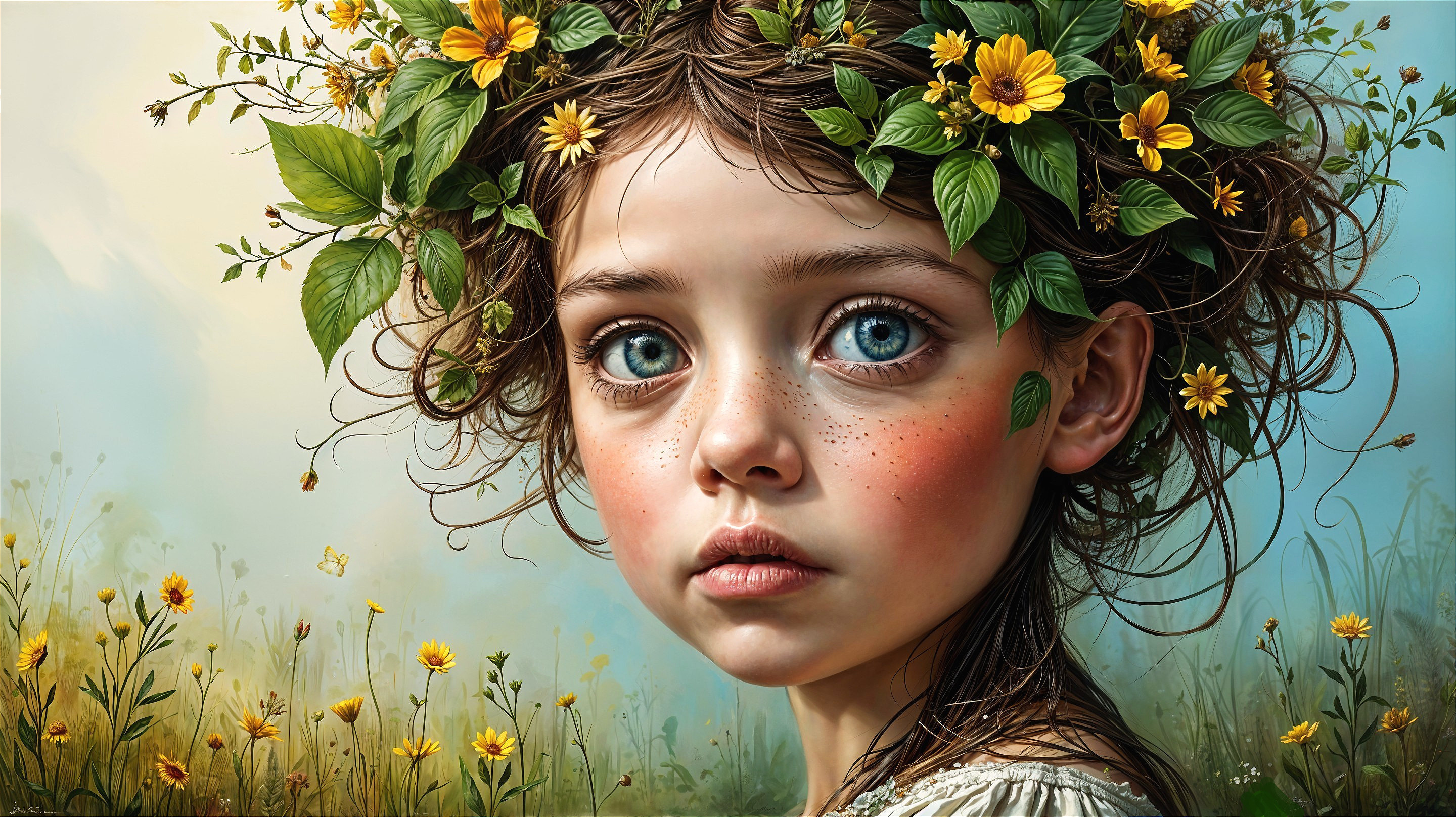 Young girl with curly hair and vibrant flowers in nature