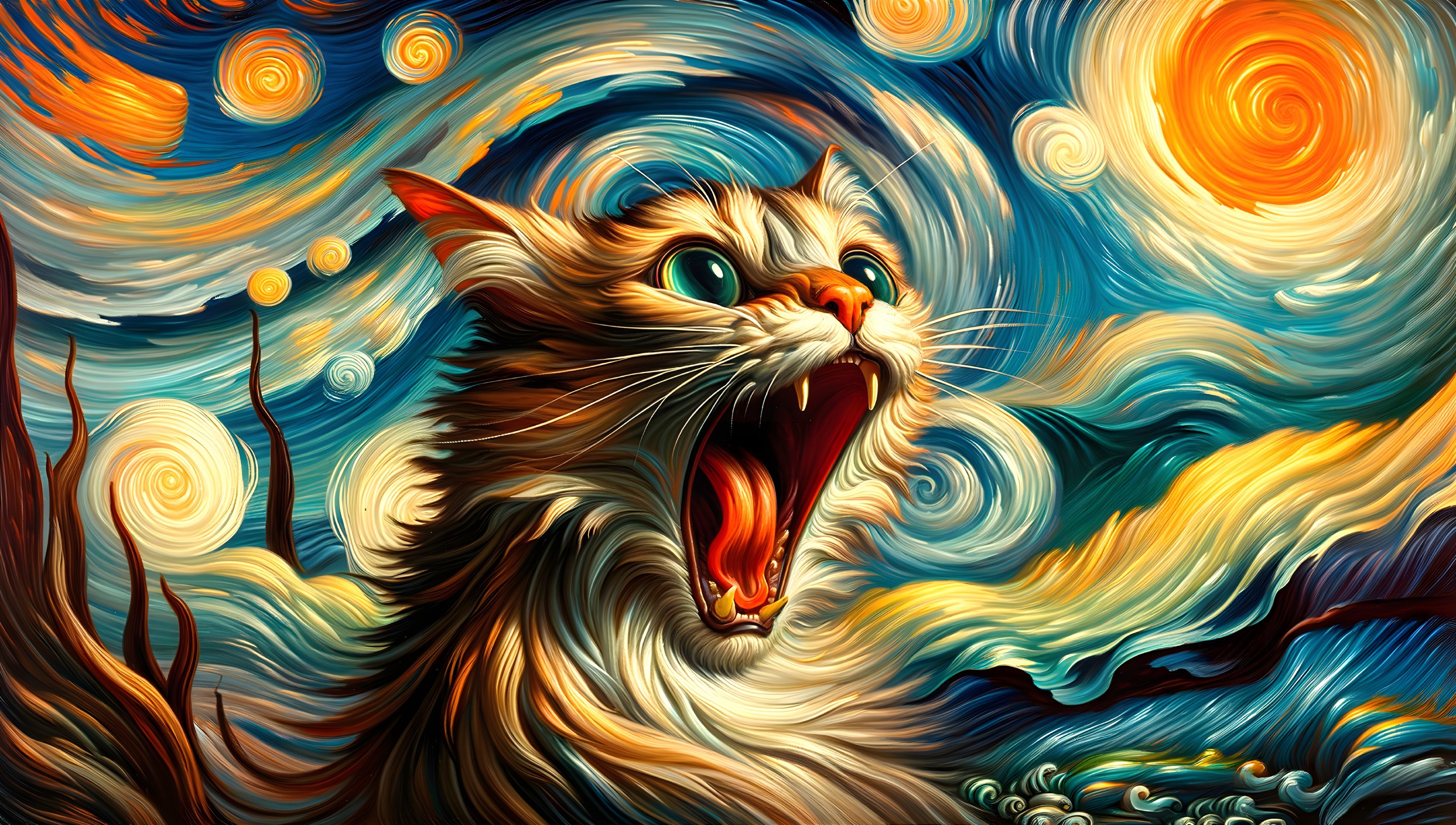 Cat with Open Mouth Against Starry Night Sky
