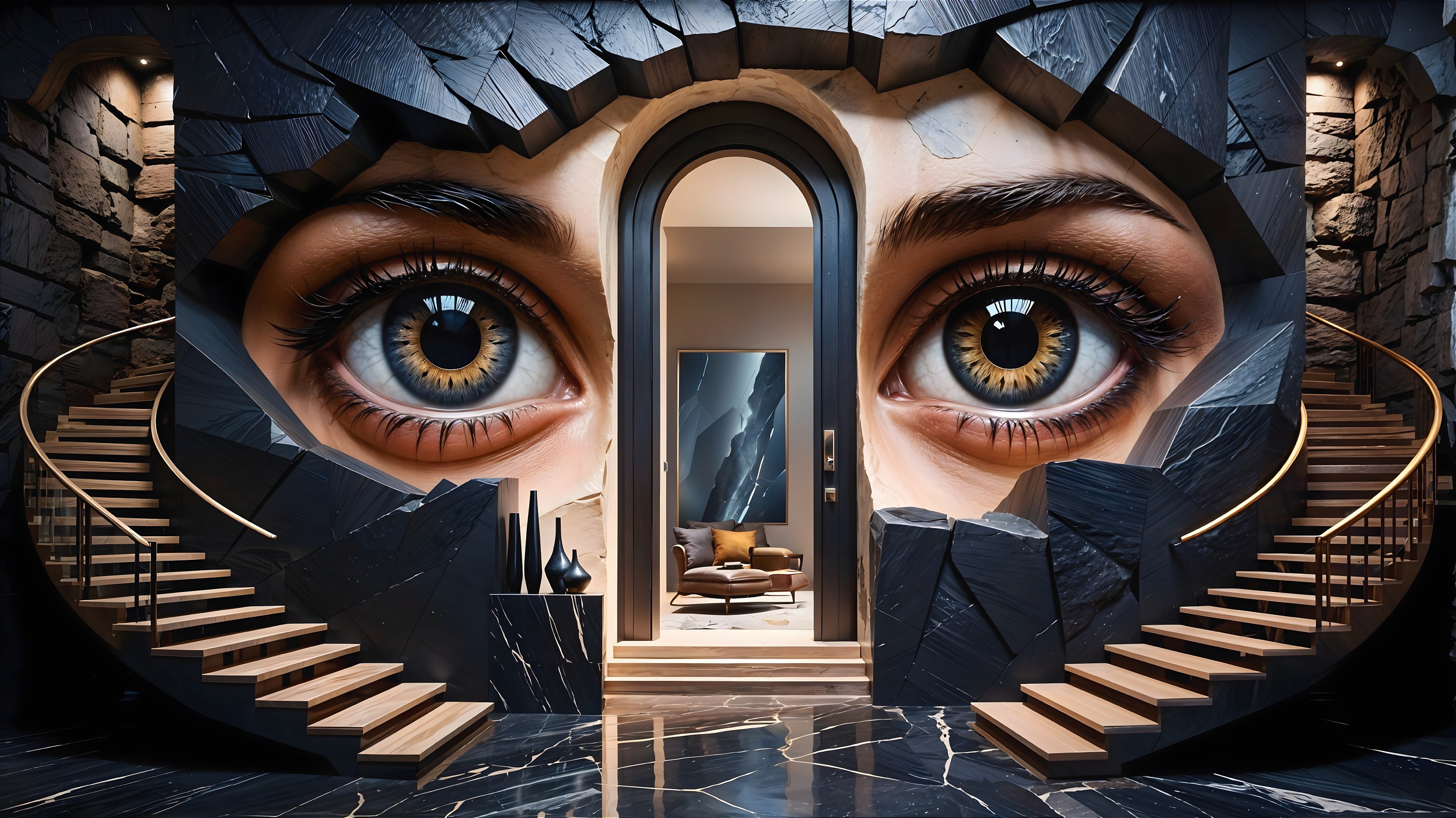 Oversized Eye Mural with Curved Wooden Staircases