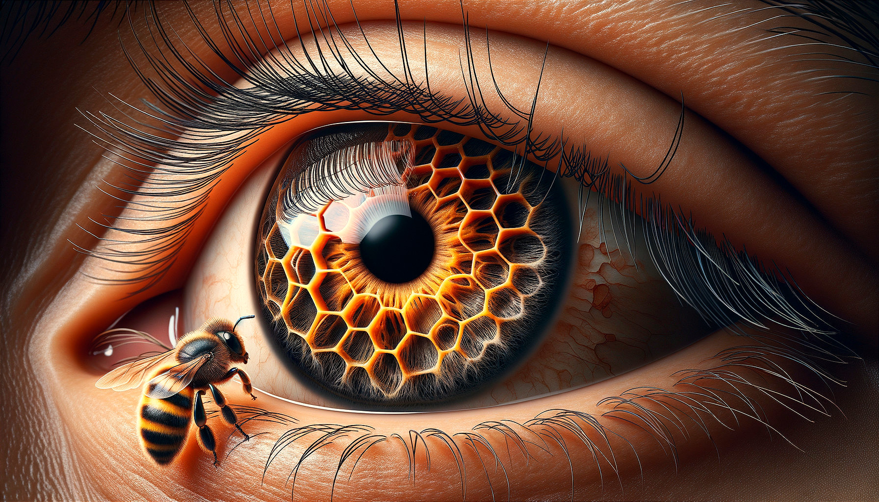 Close-Up of Eye with Honeycomb Iris and Bee