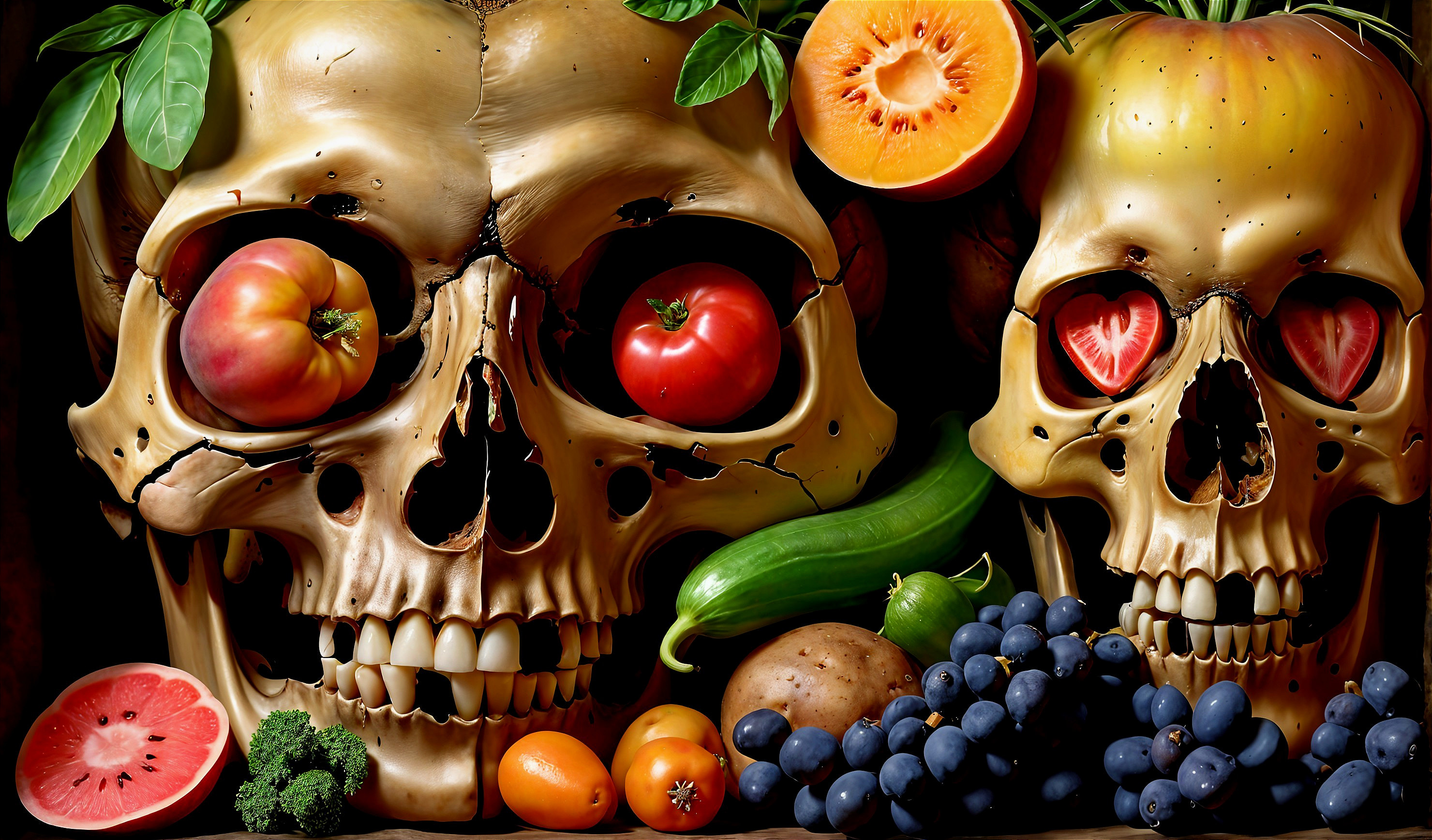 Still Life of Skulls with Colorful Fruits and Vegetables
