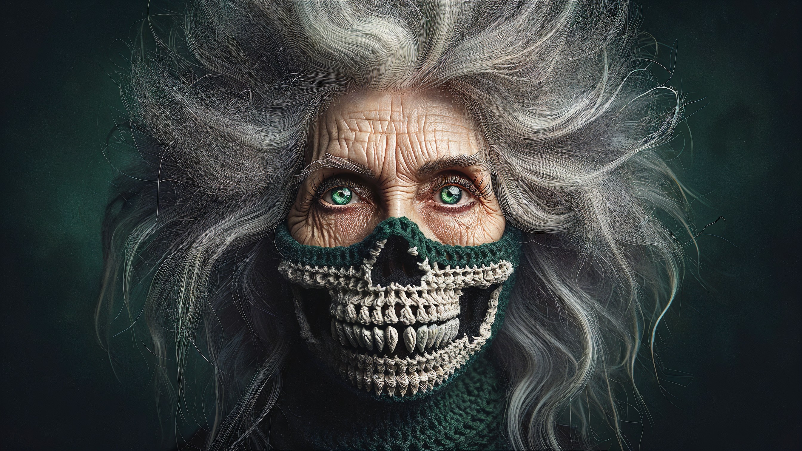 Portrait of a person with gray hair and skull mask