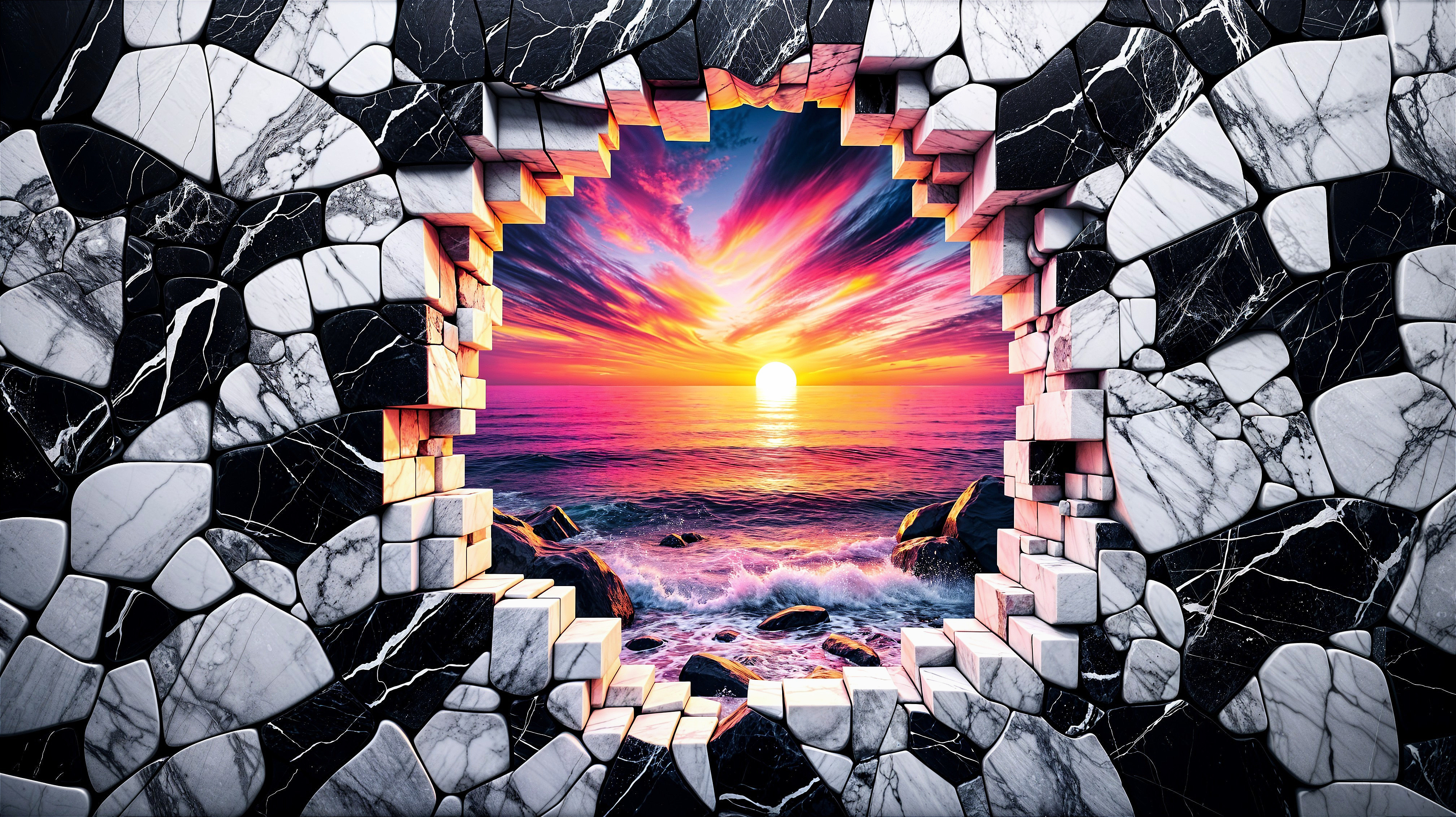 Sunset Over Ocean Through Textured Stone Wall