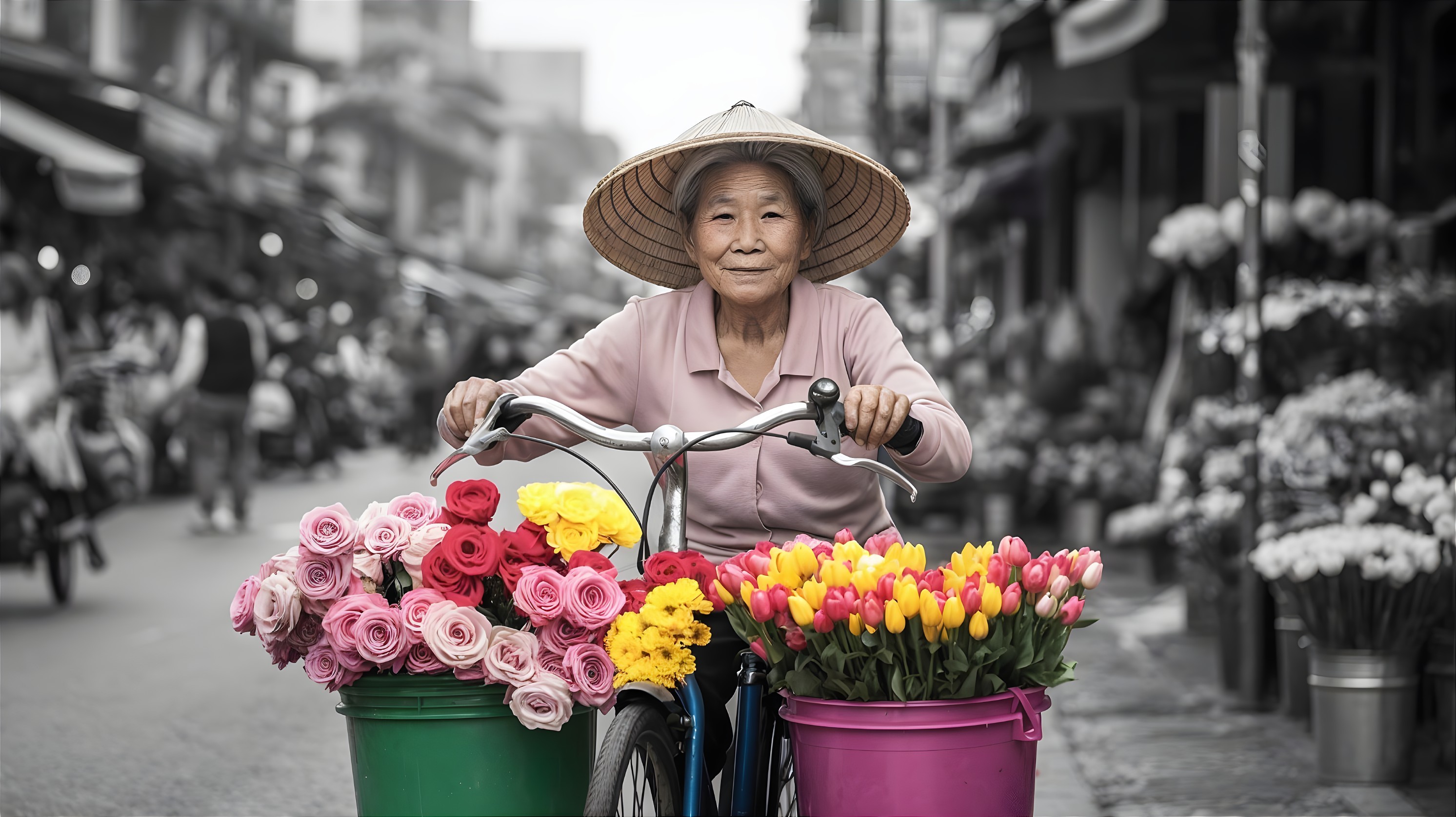 Elderly Woman on Bicycle with Colorful Flower Baskets