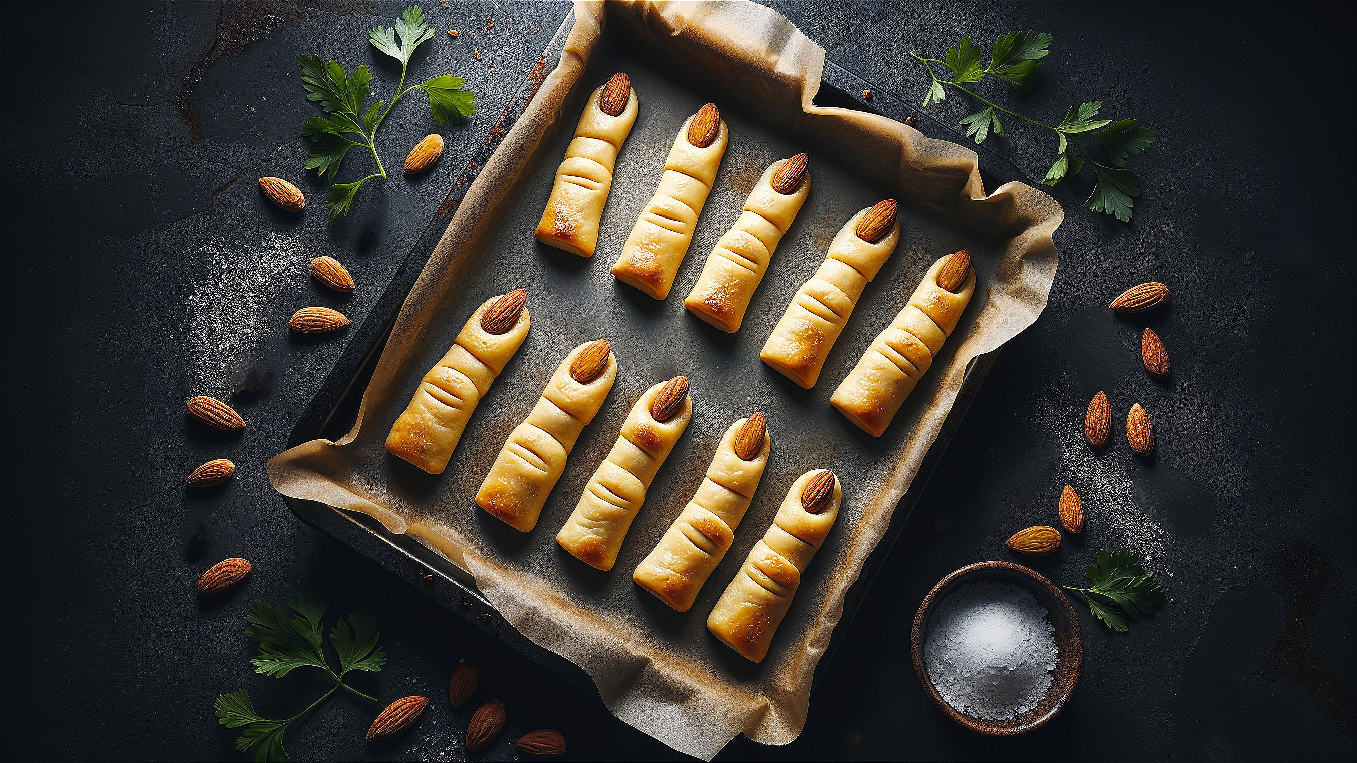 Assorted finger-shaped pastries on a baking tray