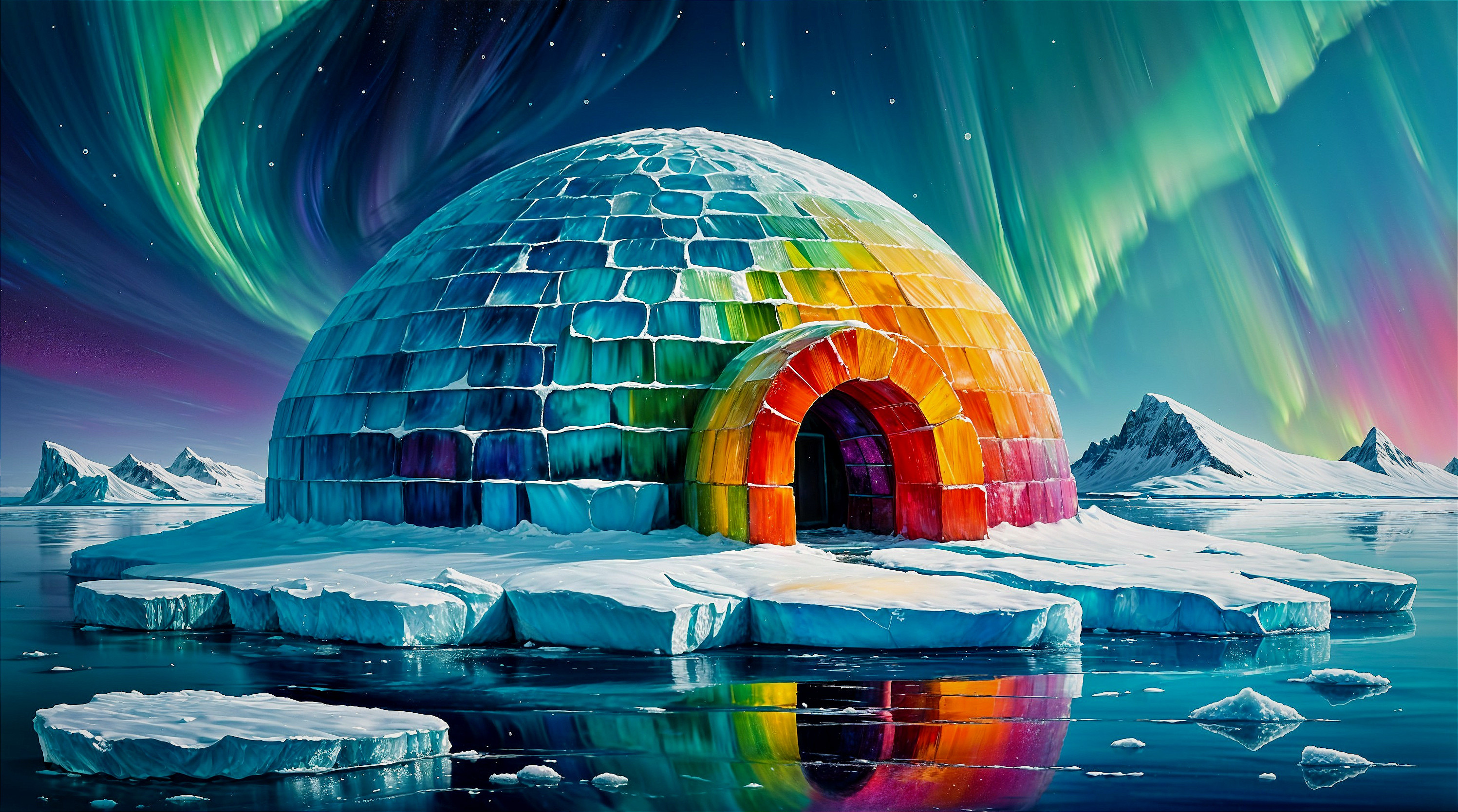 Colorful igloo with Northern Lights in Arctic landscape