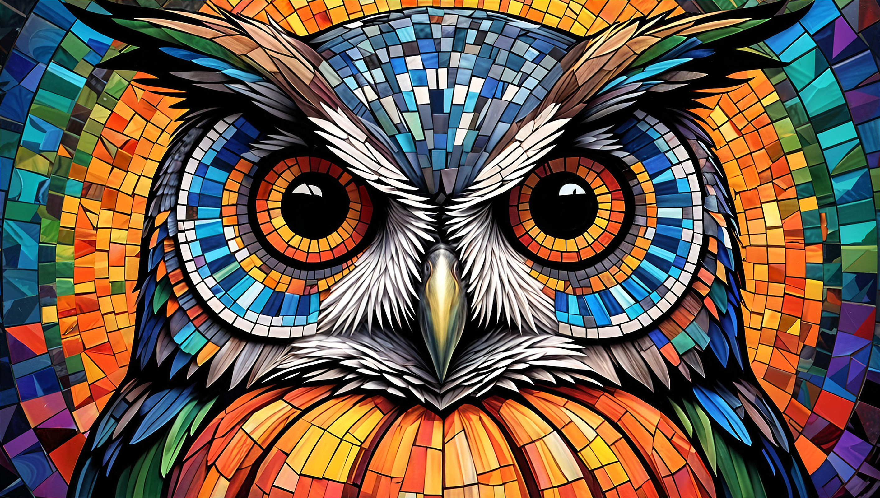 Vibrant Mosaic of an Owl with Intricate Patterns