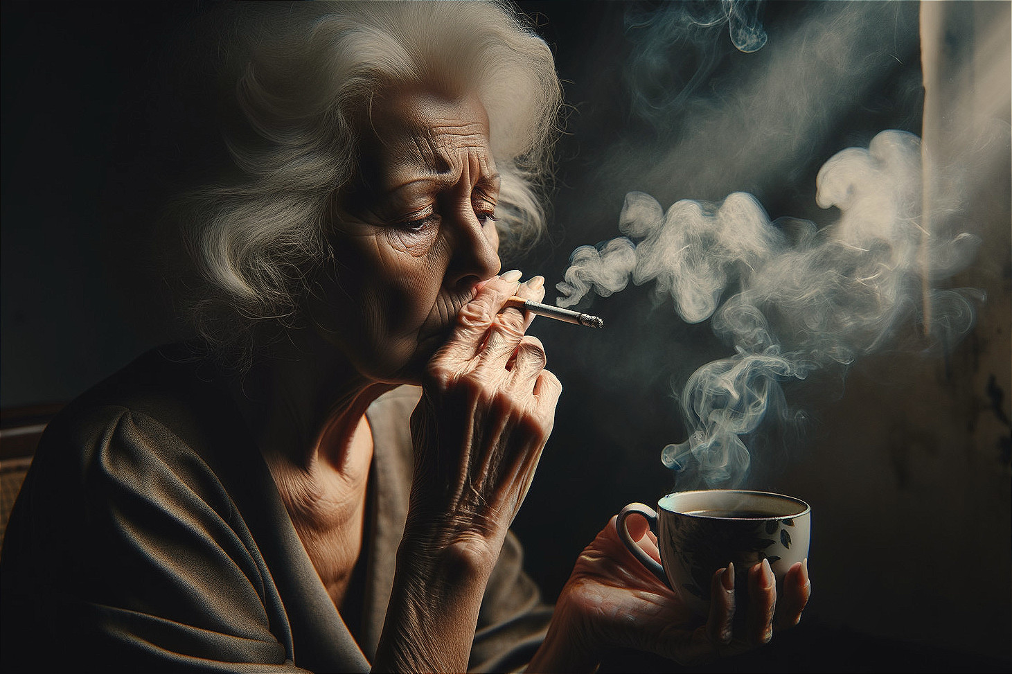 Elderly woman with white hair in a dimly lit room