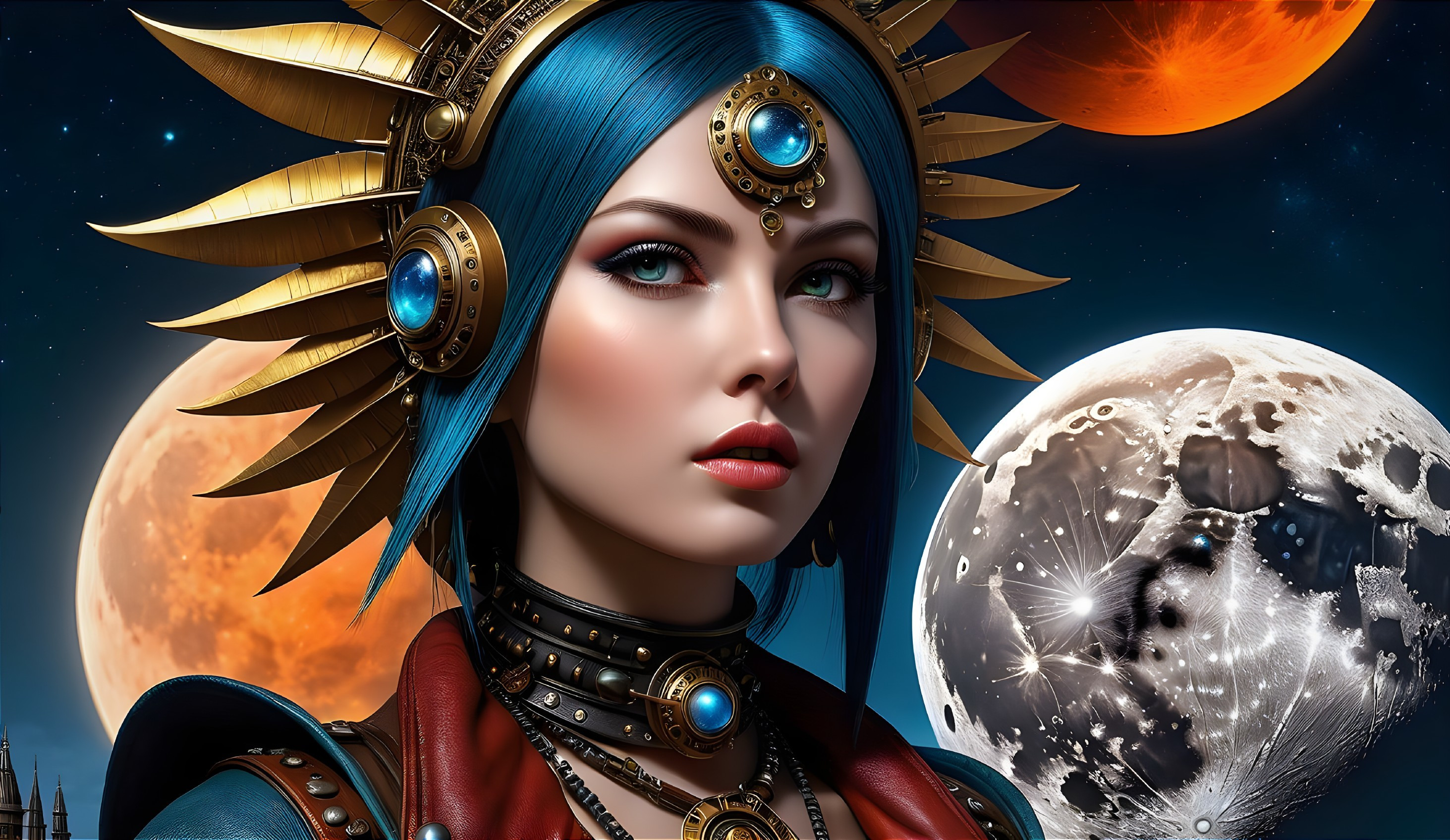 Vibrant Blue-Haired Figure in Cosmic Setting