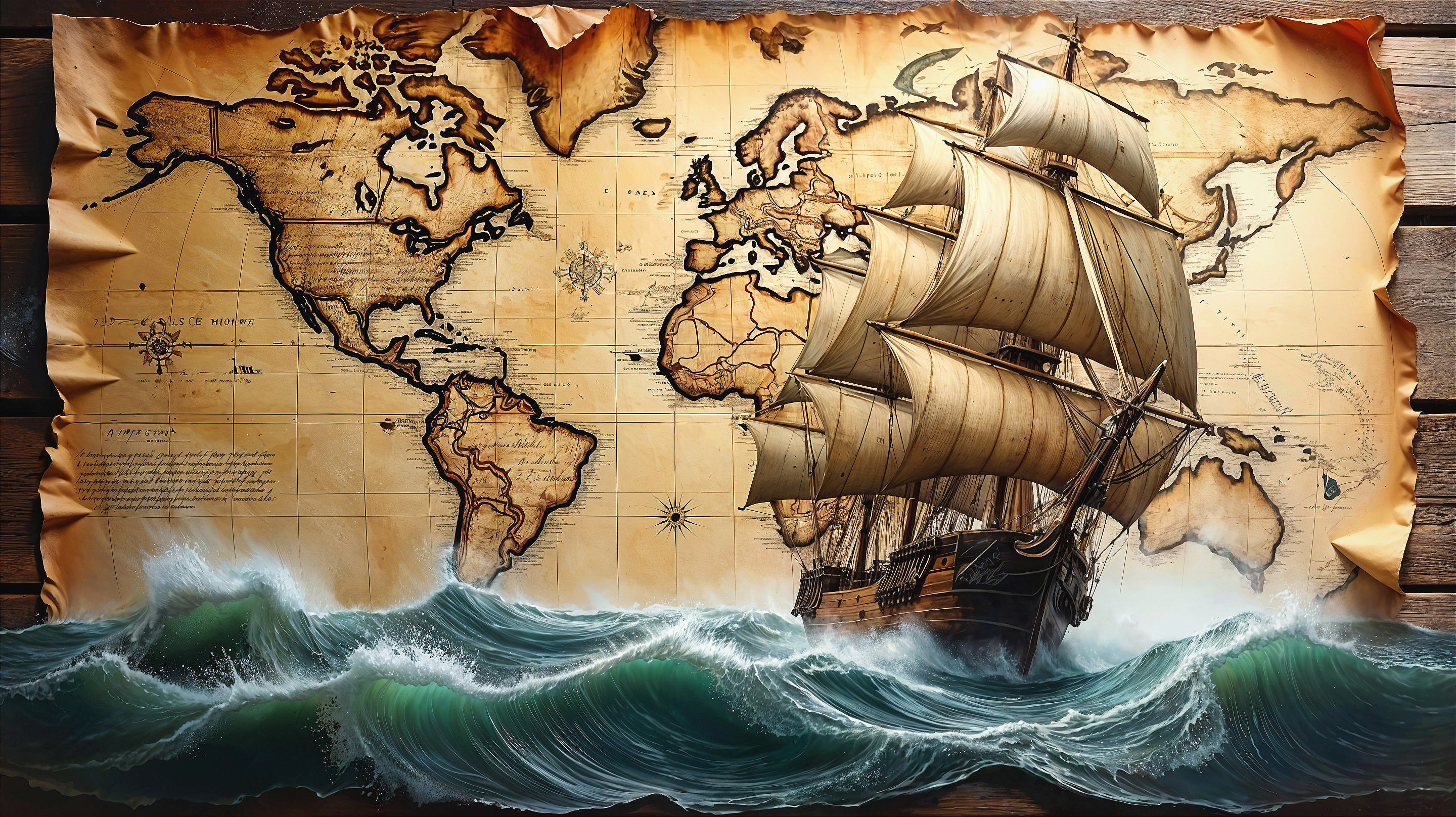 Vintage World Map with Sailing Ship and Compass Rose