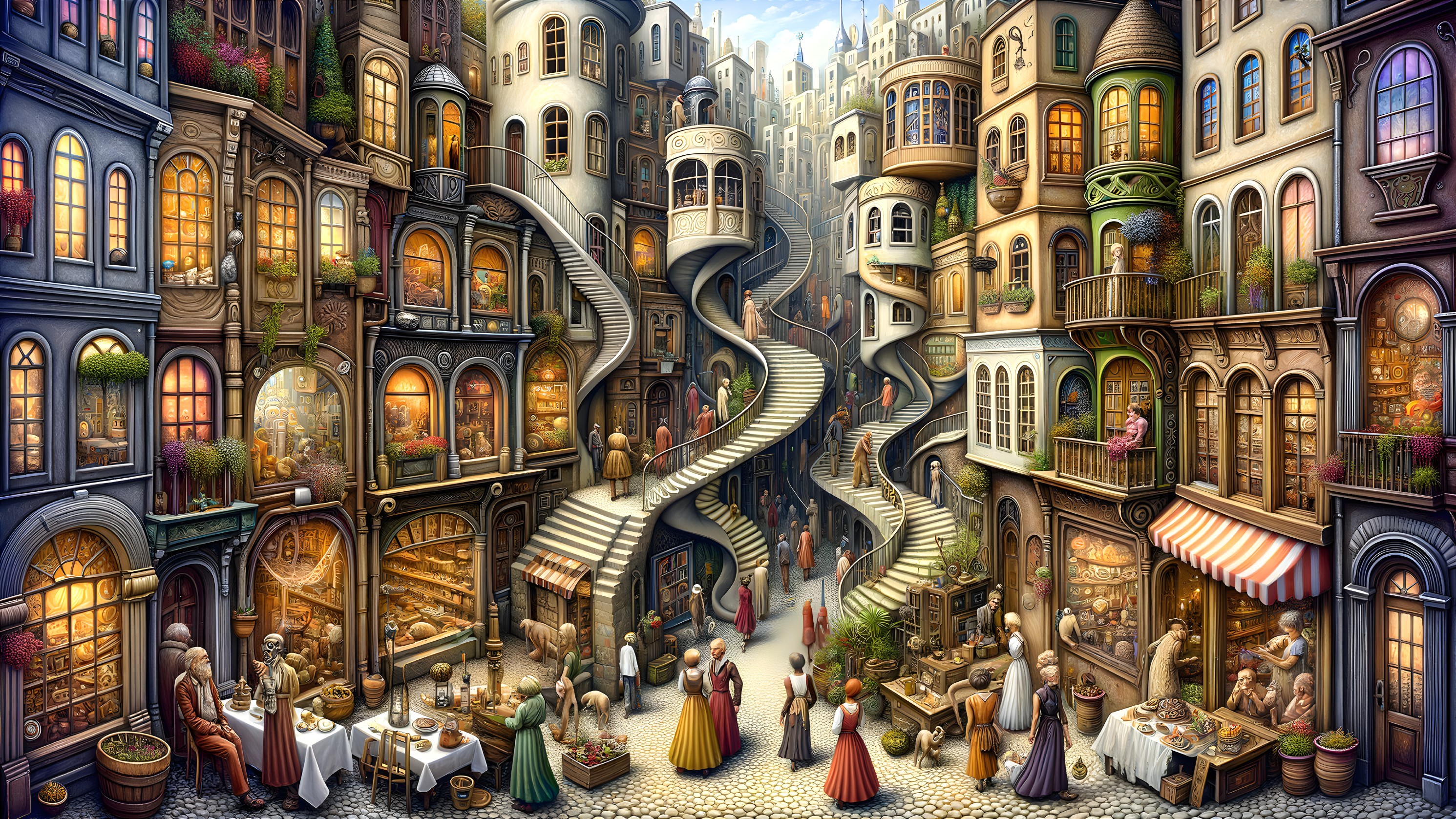 Vibrant Town Square with Colorful Buildings and Market Stalls