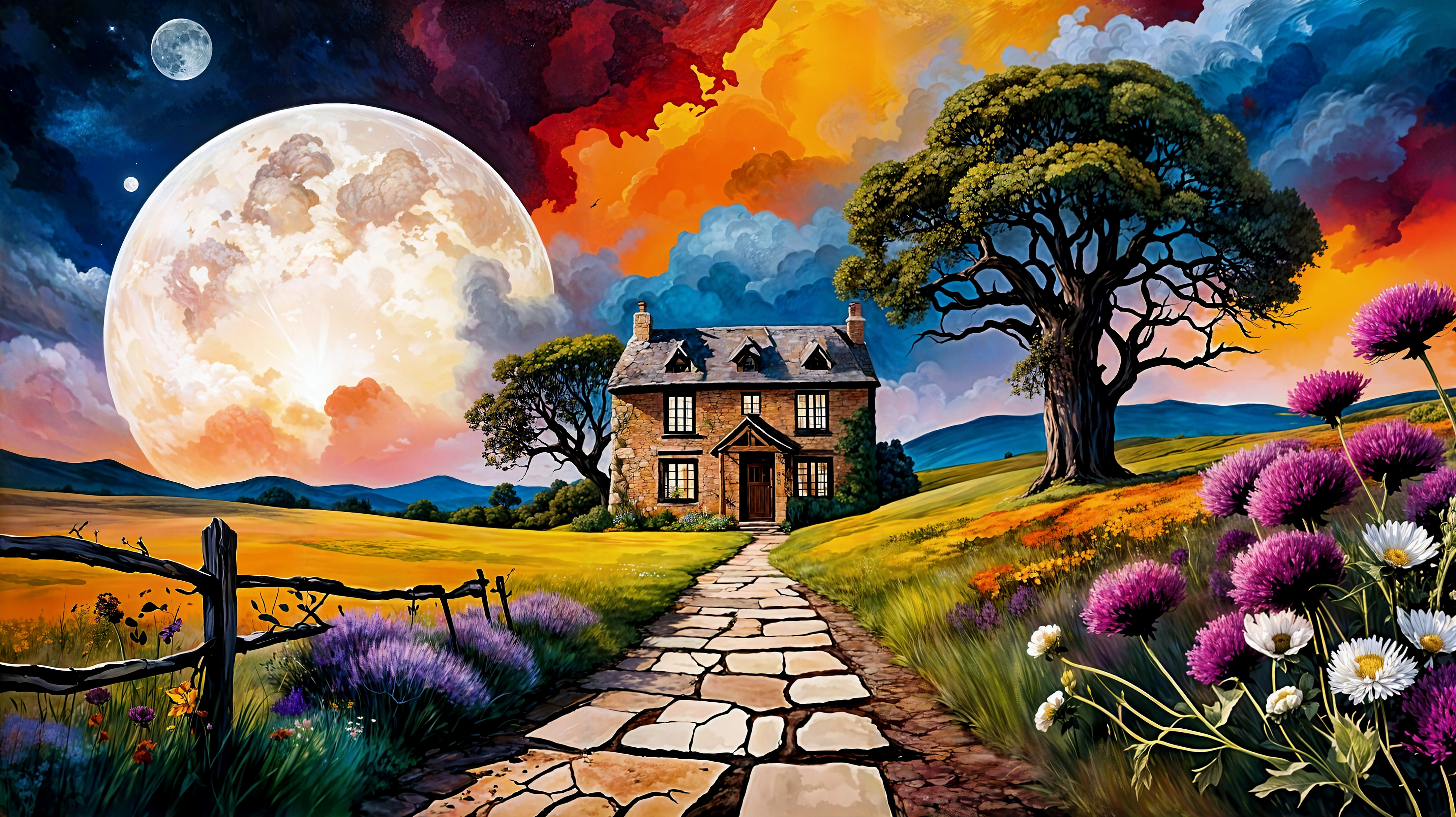 Charming House at Sunset with Vibrant Sky and Moon