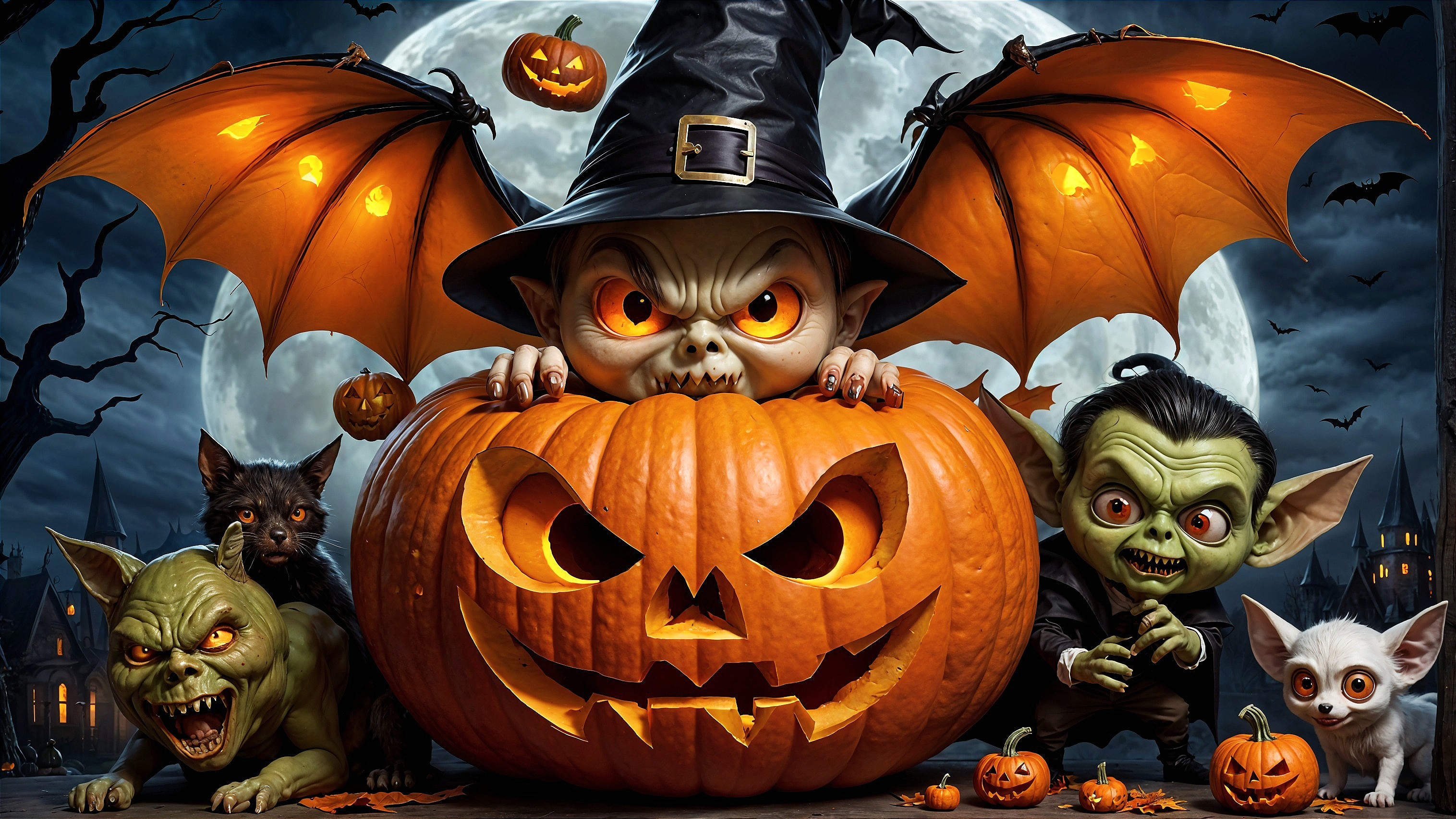 Whimsical Halloween Scene with Goblin and Pumpkin