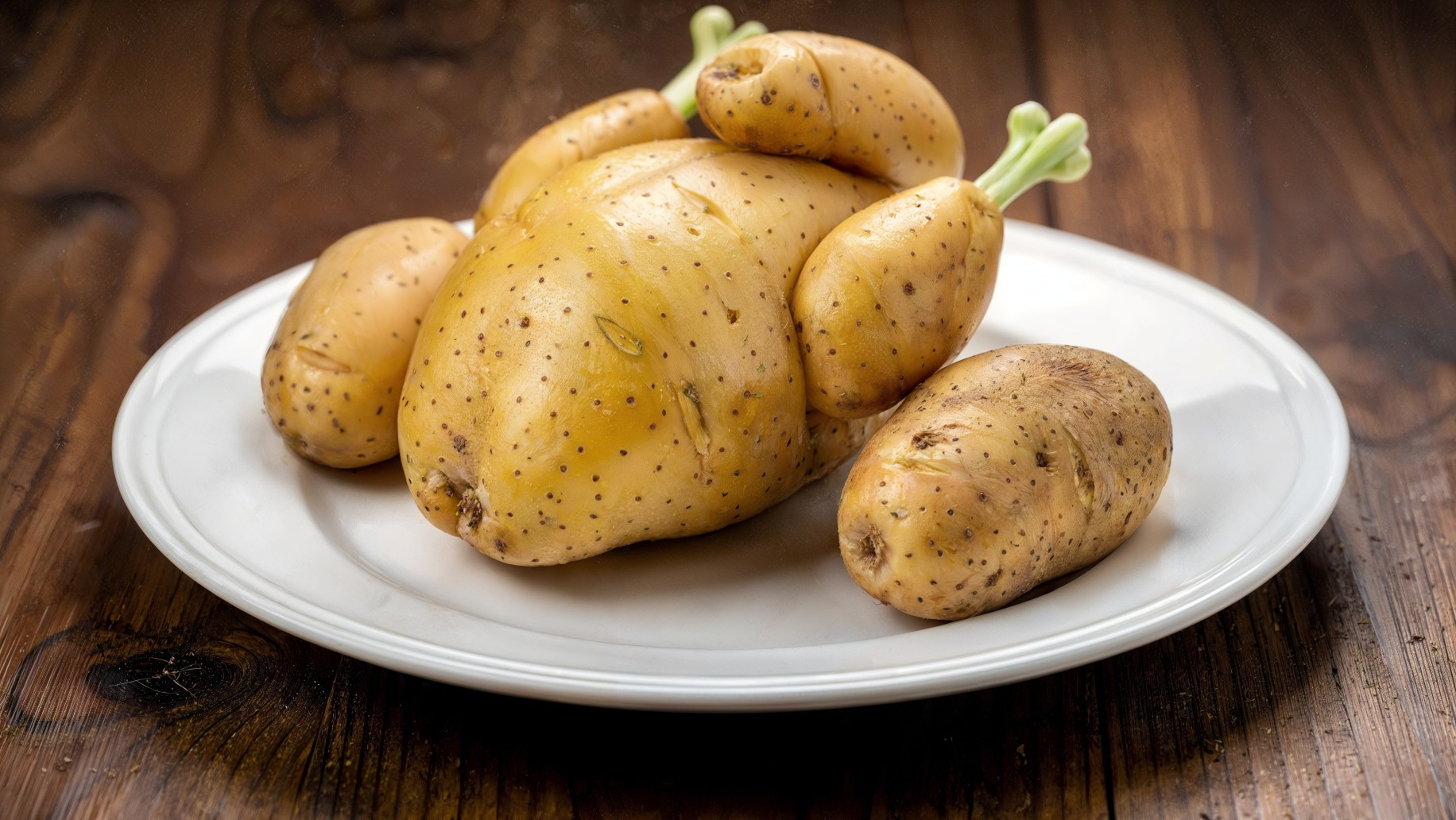 Humorous Potato Chicken on White Plate with Rustic Background