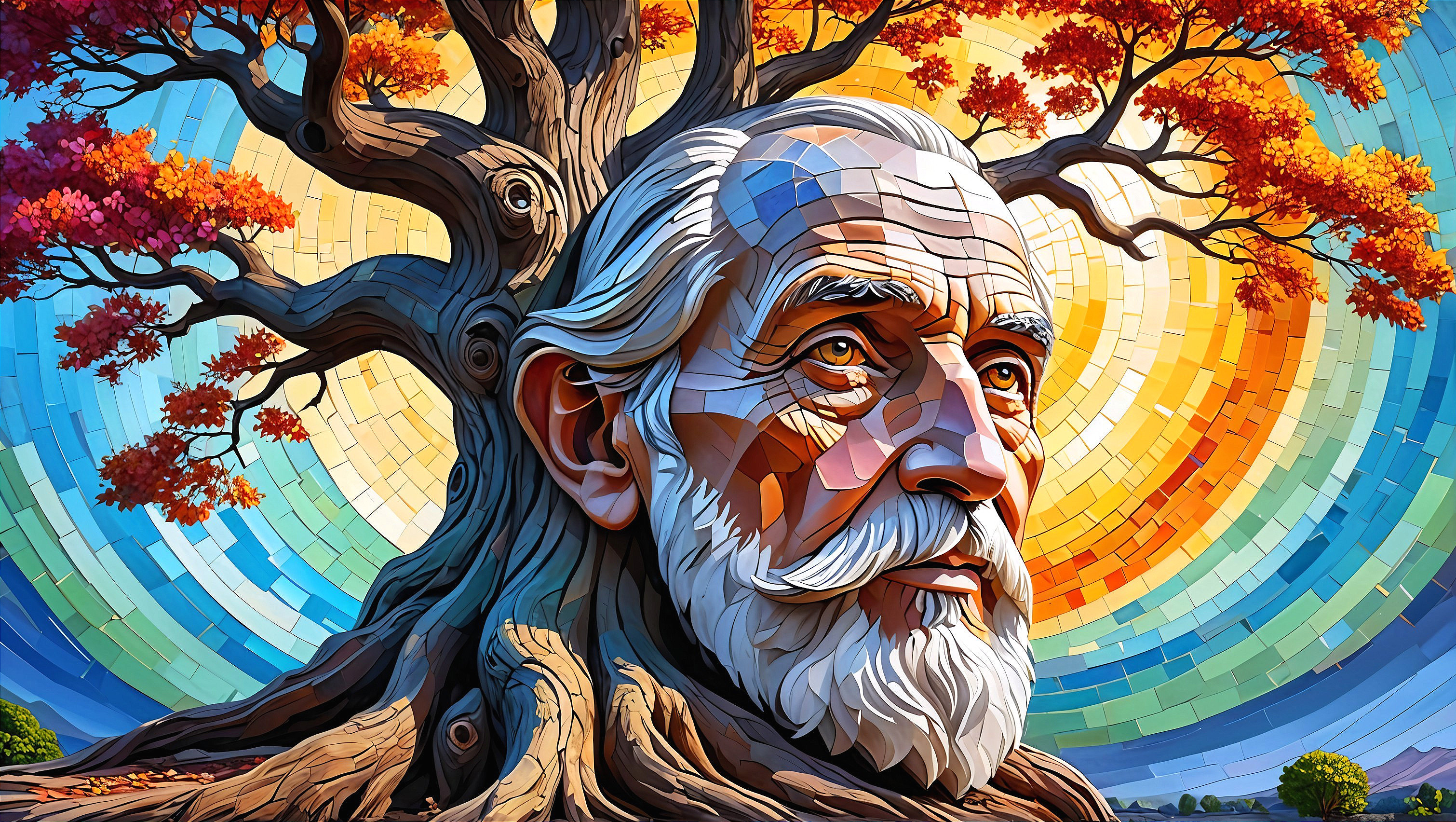 Elderly Man Merged with Tree in Colorful Landscape