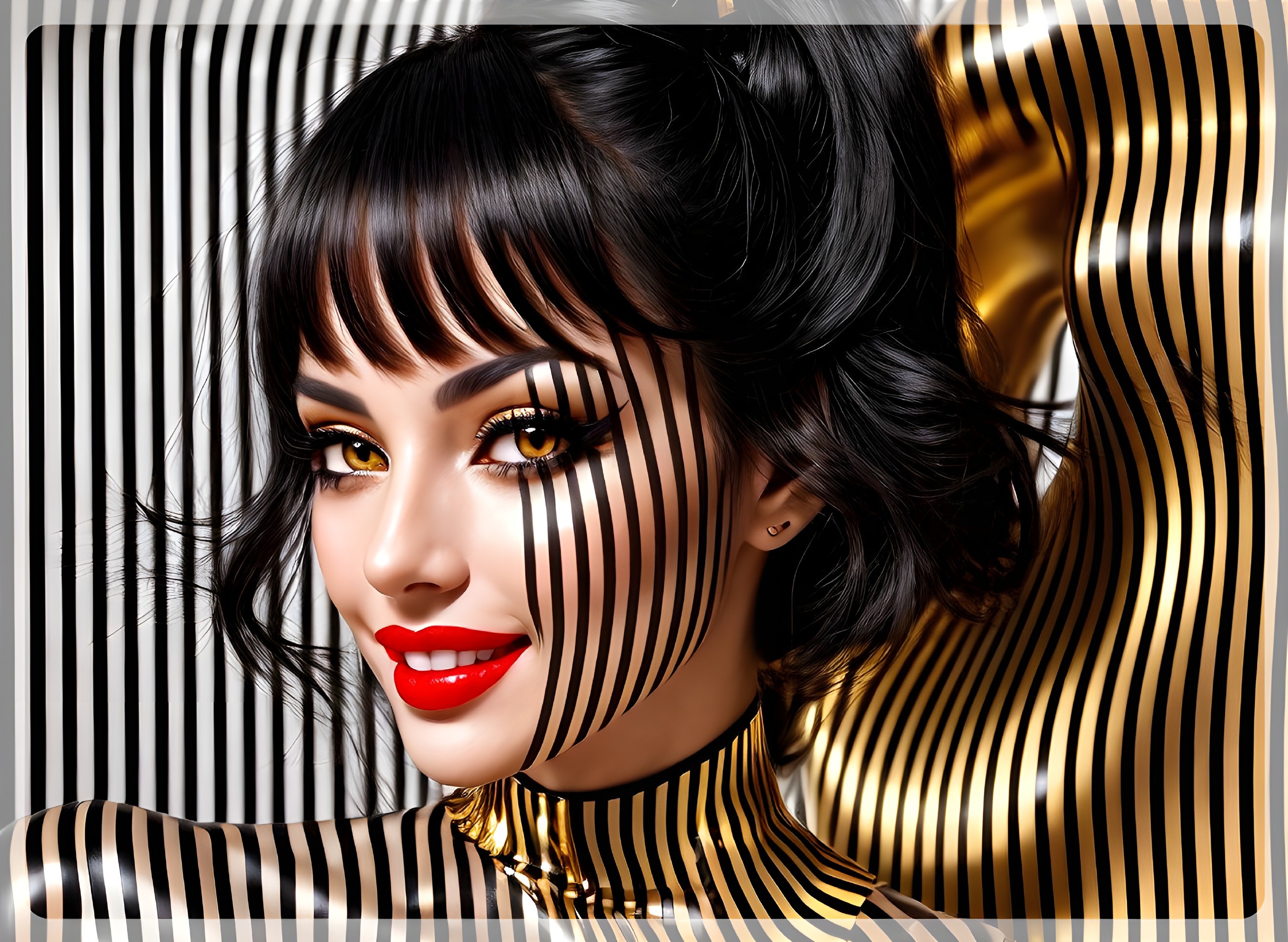 Stylized portrait of woman with black hair and makeup in front of gold and black striped patterns