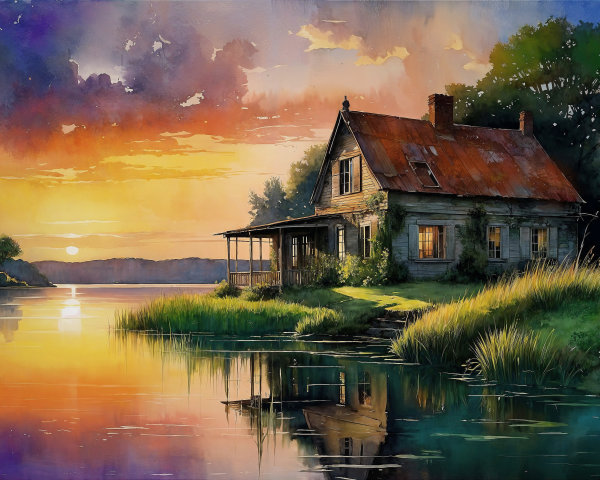 Serene Sunset Over Rustic House by Tranquil Lake