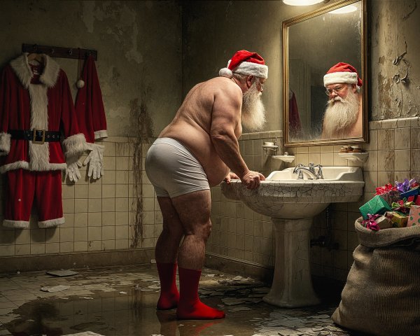 Disturbing Santa Claus in a Grungy Bathroom Setting