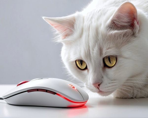 Fluffy White Cat Observes Modern Gaming Mouse