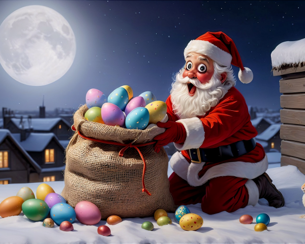 Santa Claus on Snowy Rooftop with Easter Eggs and Rabbit