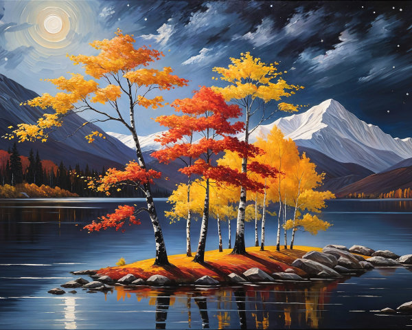 Tranquil Lake with Autumn Trees and Snow-Capped Mountains