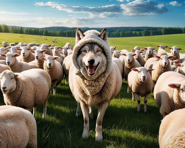 Wolf in Sheep's Wool Coat in Pasture Setting