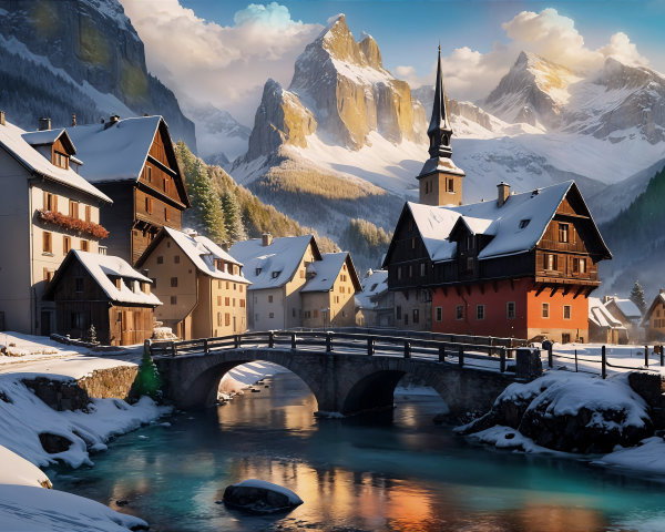 Snow-Covered Houses in a Winter Valley Landscape