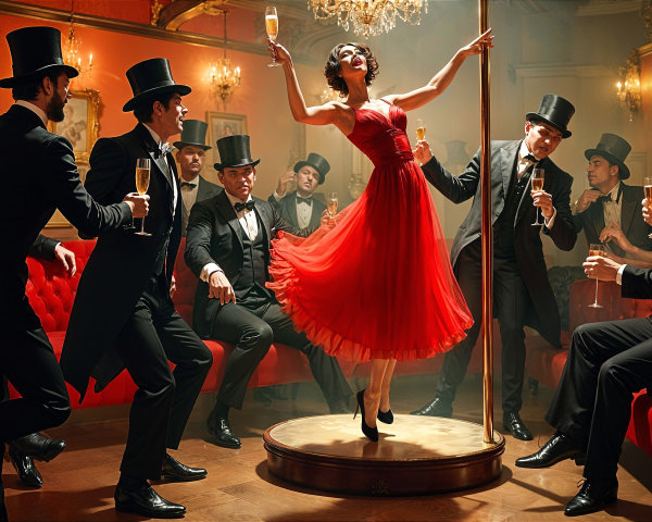 Glamorous Cabaret Scene with Dancer and Tuxedoed Men